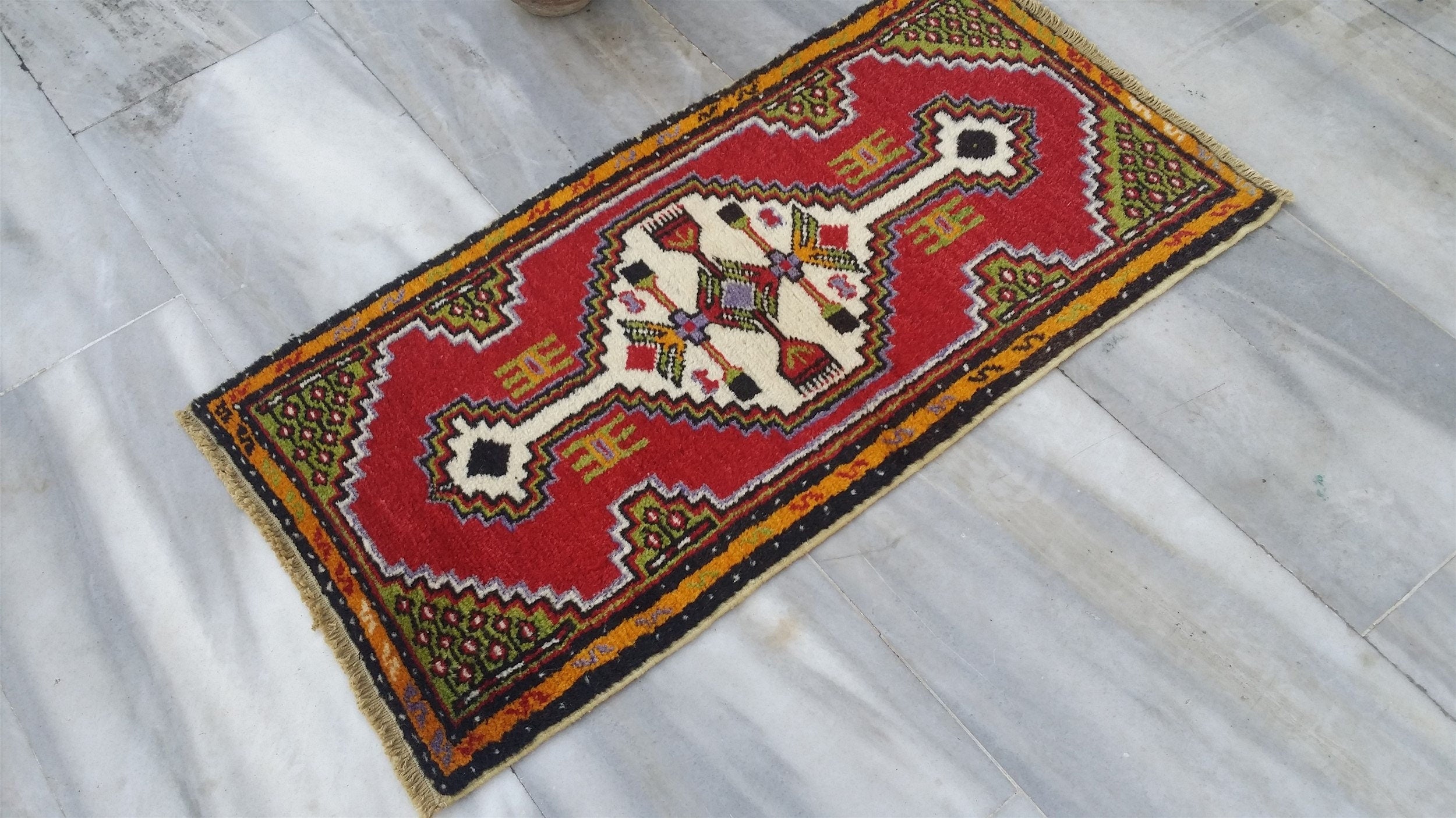 Small Turkish Rug 3 ft 1 in x 1 ft 6 in, Distressed Antique Wash Vintage Rug