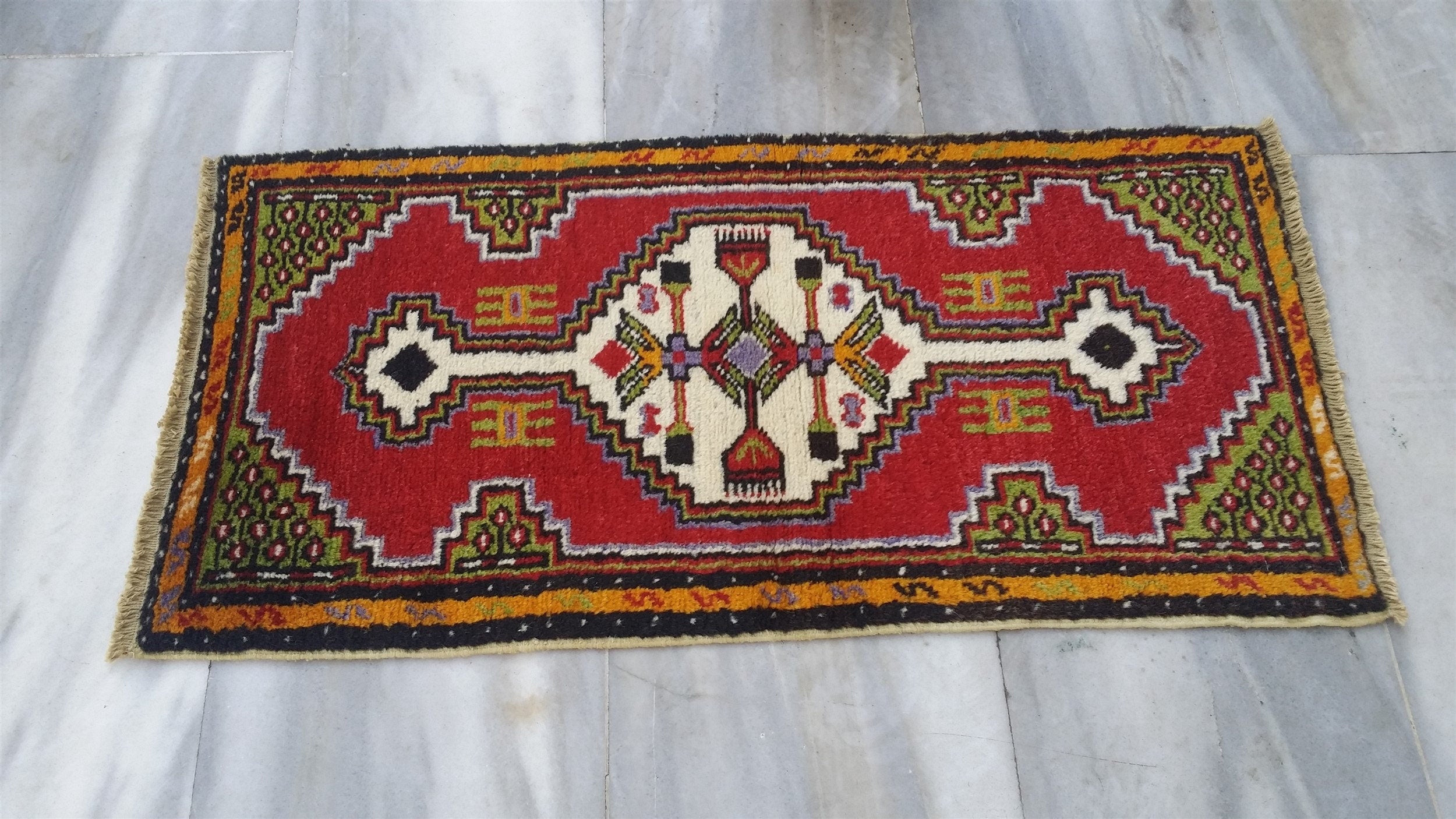 Small Turkish Rug 3 ft 1 in x 1 ft 6 in, Distressed Antique Wash Vintage Rug