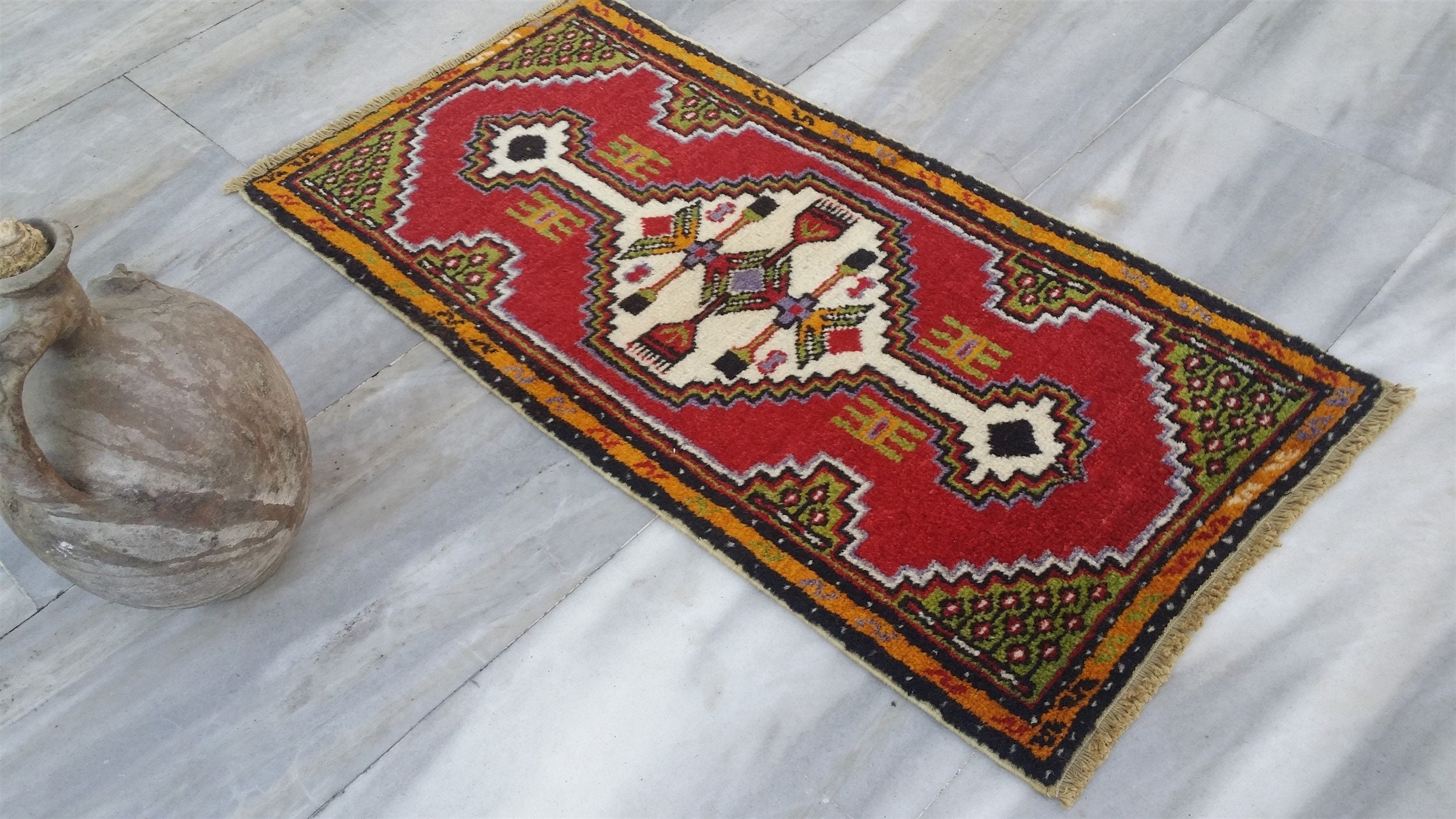 Small Turkish Rug 3 ft 1 in x 1 ft 6 in, Distressed Antique Wash Vintage Rug