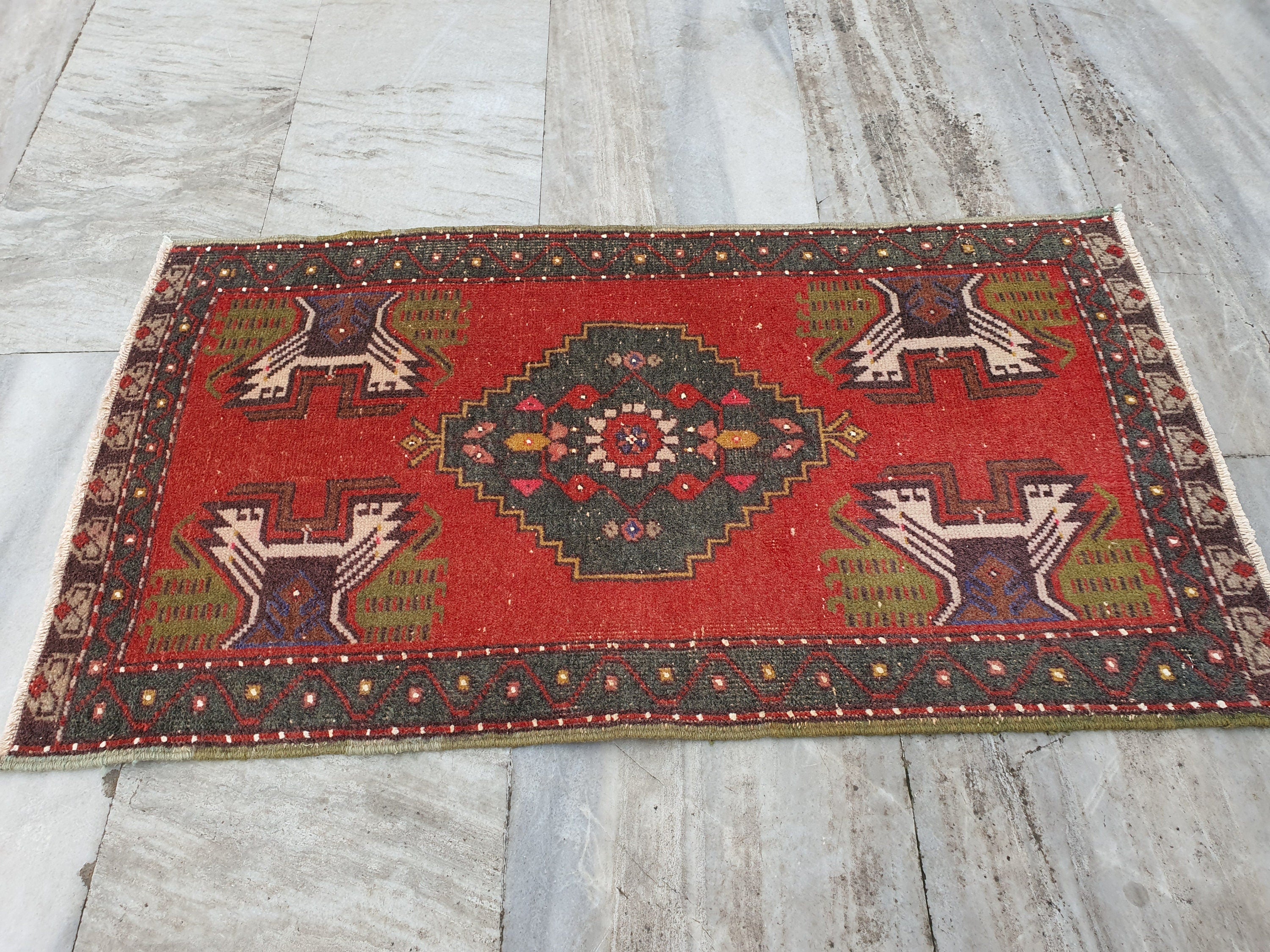Vintage Turkish Small Rug, 3 ft 3 in x 1 ft 8 in, Pink, Green/Grey and Beige Faded Distressed Antique Style Mat