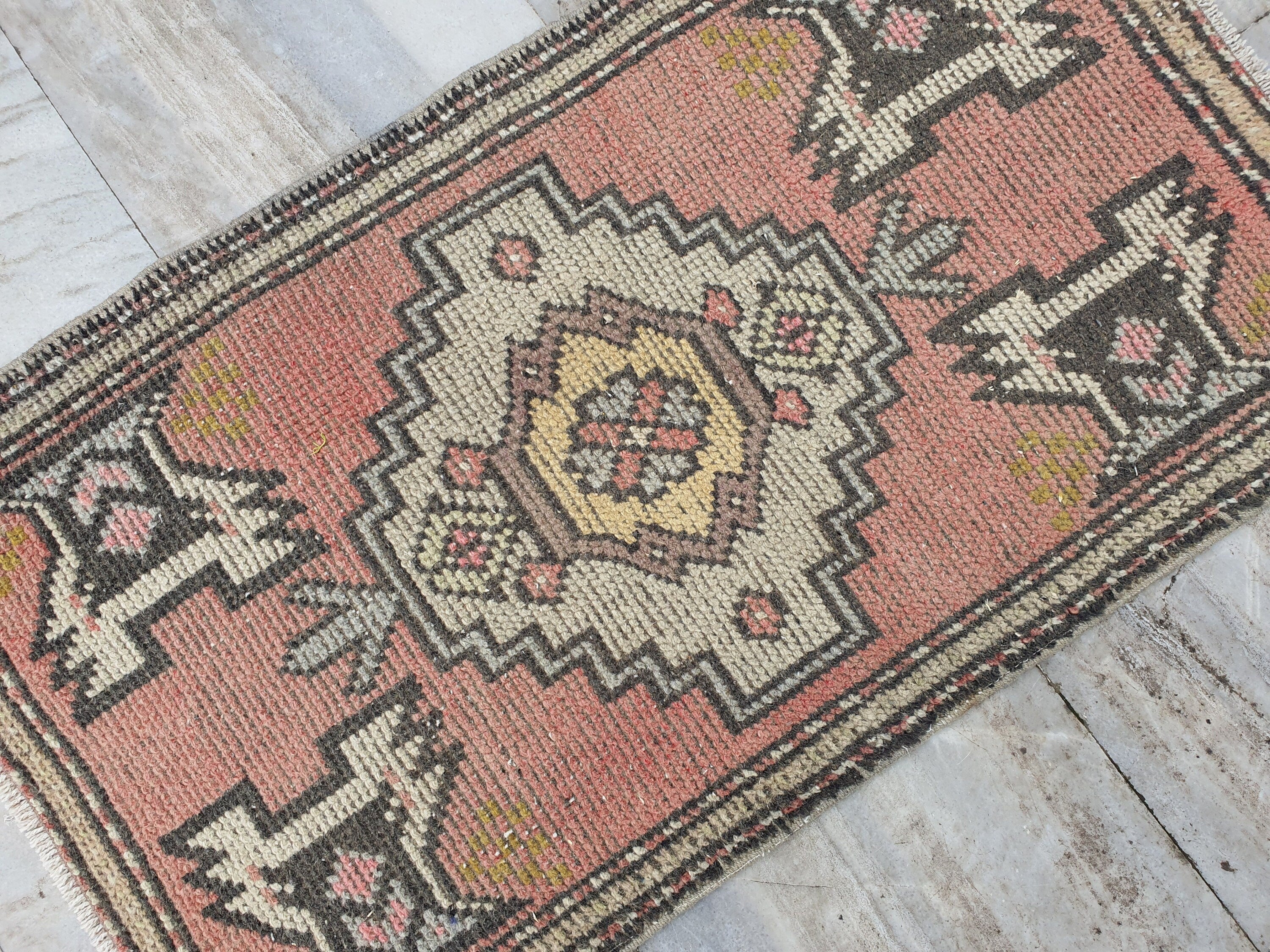 Small Turkish Rug, 2 ft 9 in x 1 ft 7 in, Pink, Green/Grey and Beige Faded Distressed Antique Style Mat