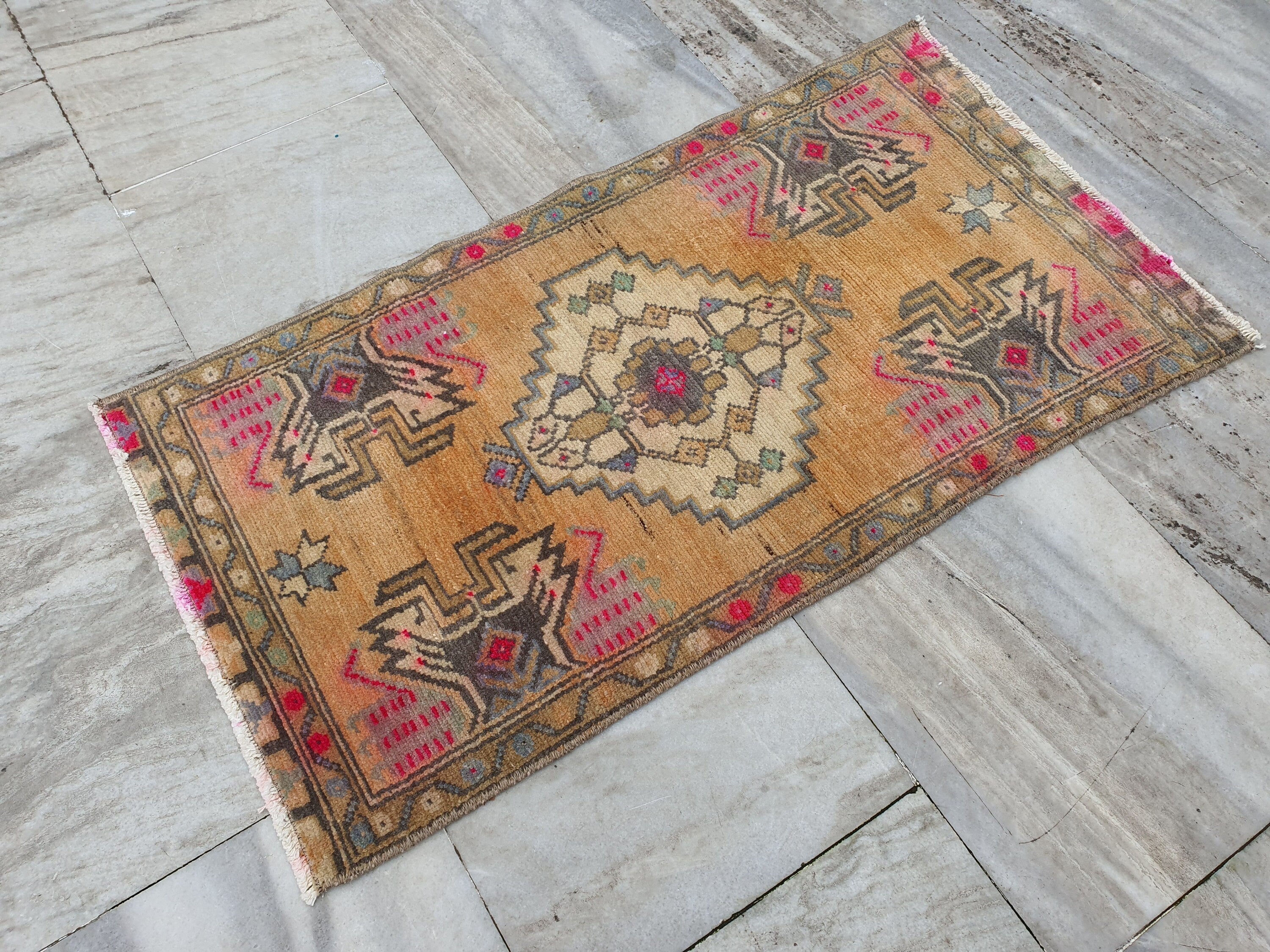 Small Turkish Rug 2 ft 9 in x 1 ft 5 in, Pink and Grey Vintage Doormat Entry or Bedside Rug