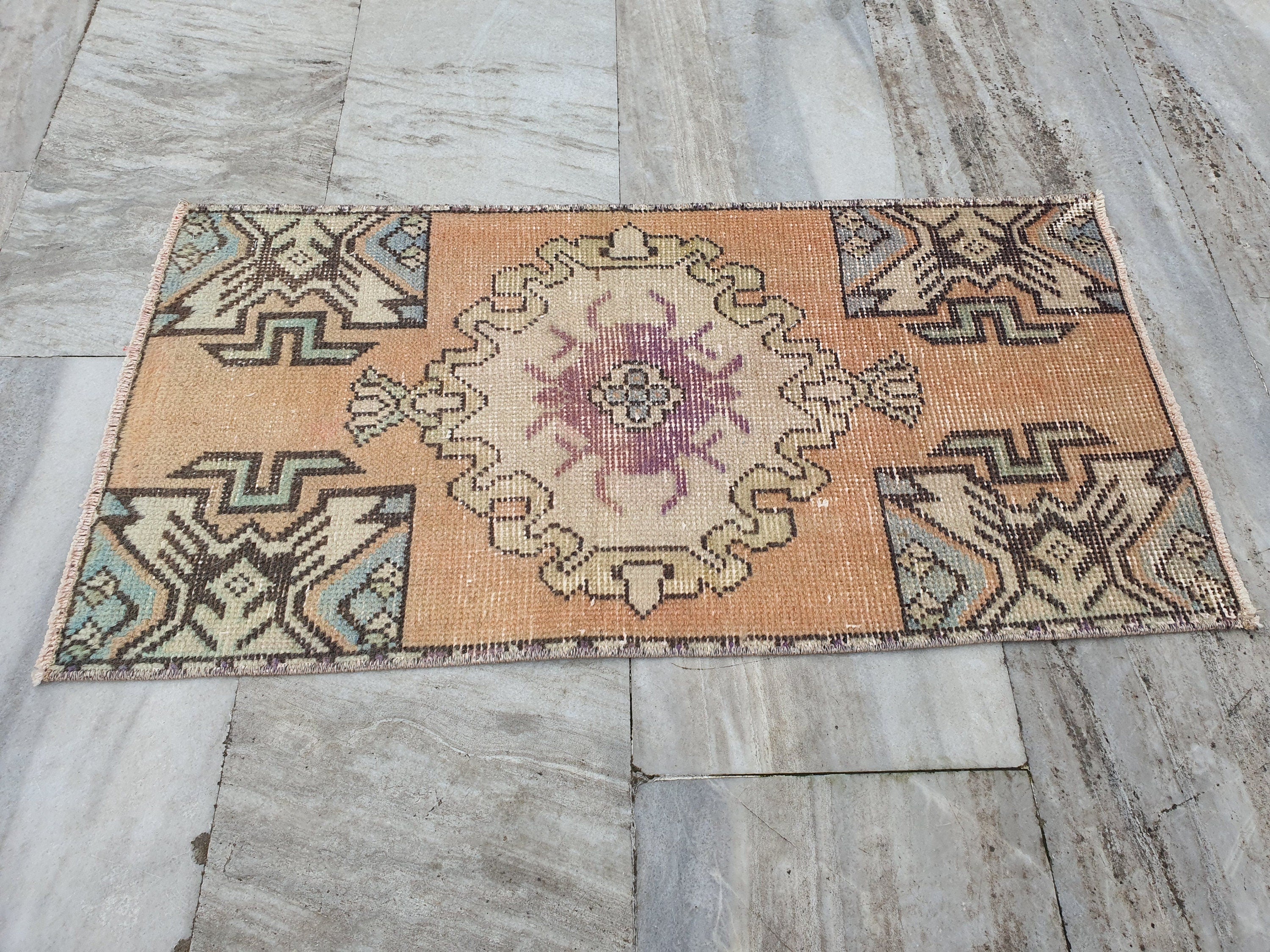 Vintage Turkish Small Rug, 3 ft x 1 ft 6 in, Pink, Green/Grey and Beige Faded Distressed Antique Style Mat