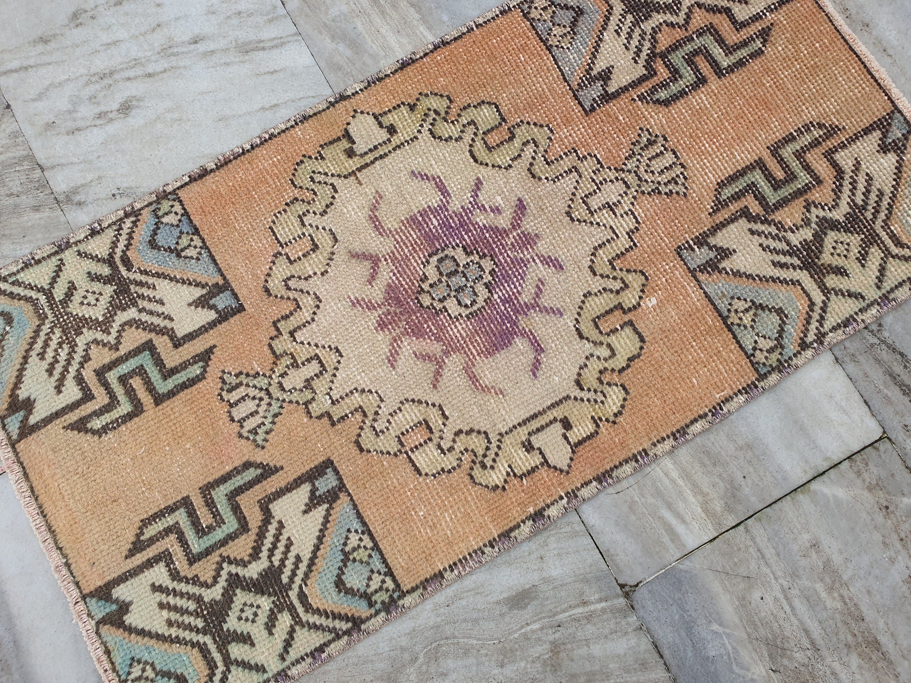 Vintage Turkish Small Rug, 3 ft x 1 ft 6 in, Pink, Green/Grey and Beige Faded Distressed Antique Style Mat