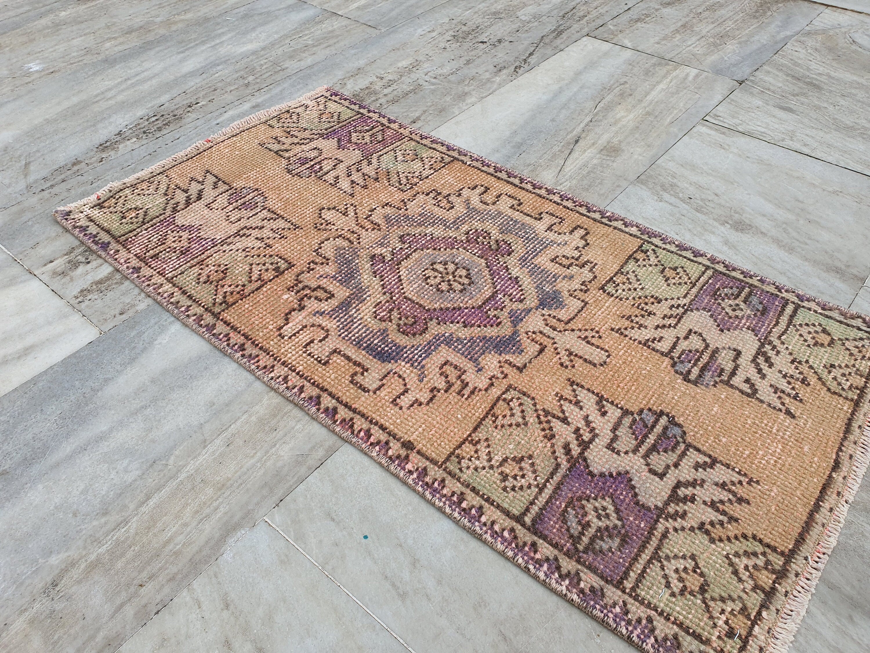 Small Turkish Rug, 2 ft 9 in x 1 ft 5 in Distressed Faded Vintage Mat