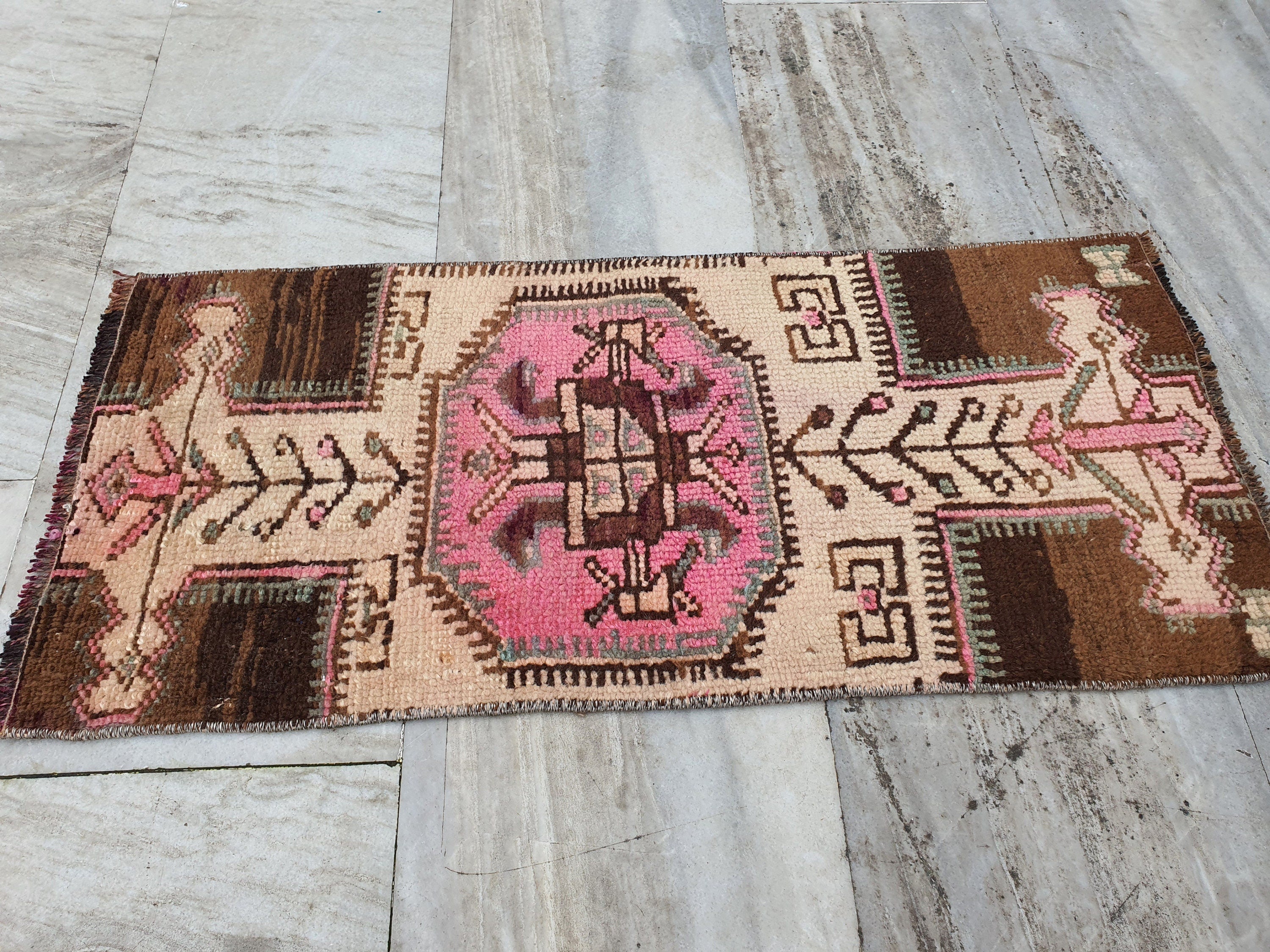 Small Turkish Rug, 3 ft x 1 ft 4 in, Distressed Faded Vintage Mat