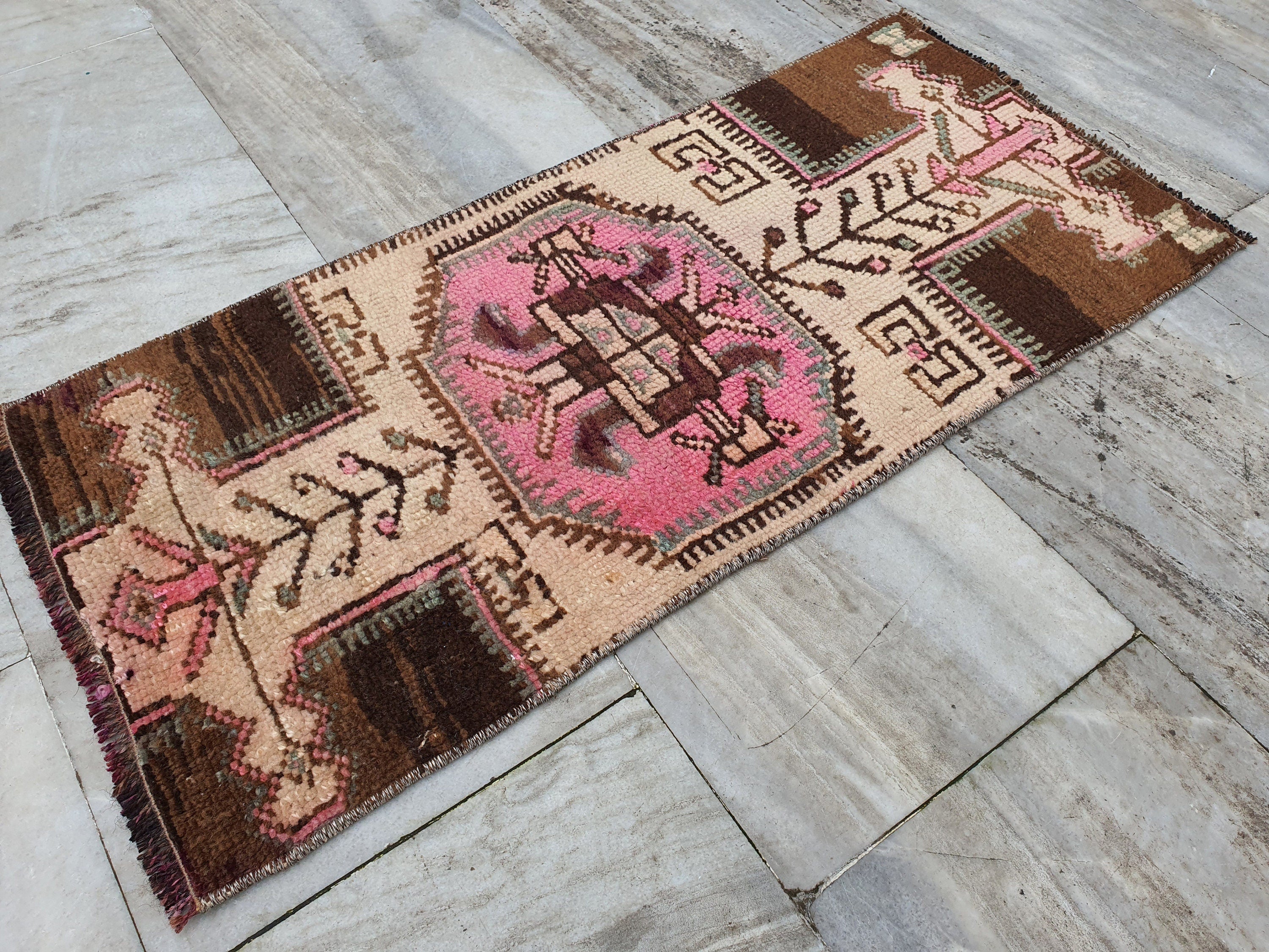 Small Turkish Rug, 3 ft x 1 ft 4 in, Distressed Faded Vintage Mat