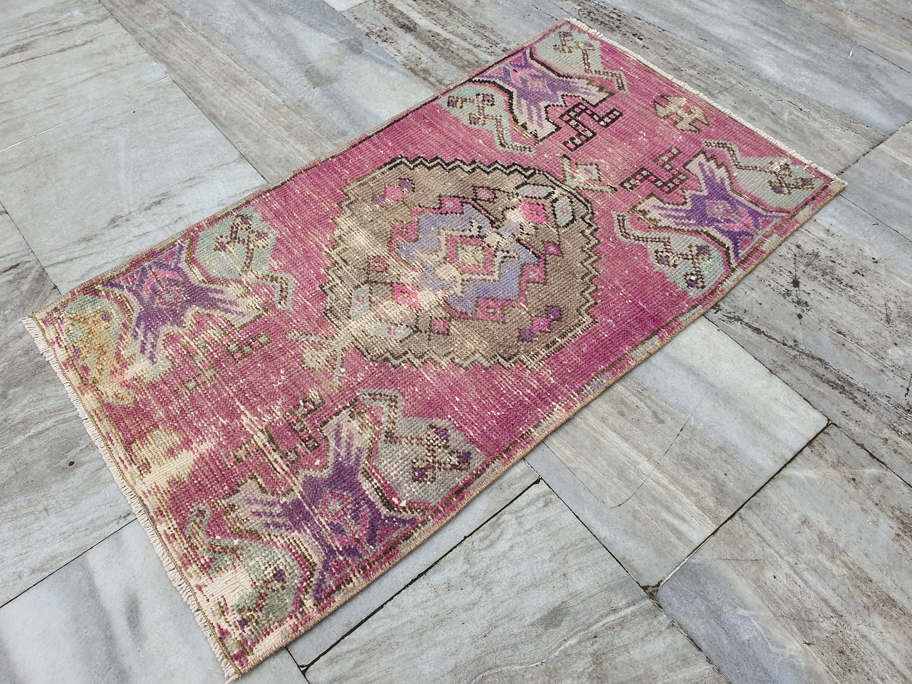 Small Turkish Rug, 3 ft x 1 ft 7 in, Pink and Green Grey Vintage Doormat Entry or Bedside Rug