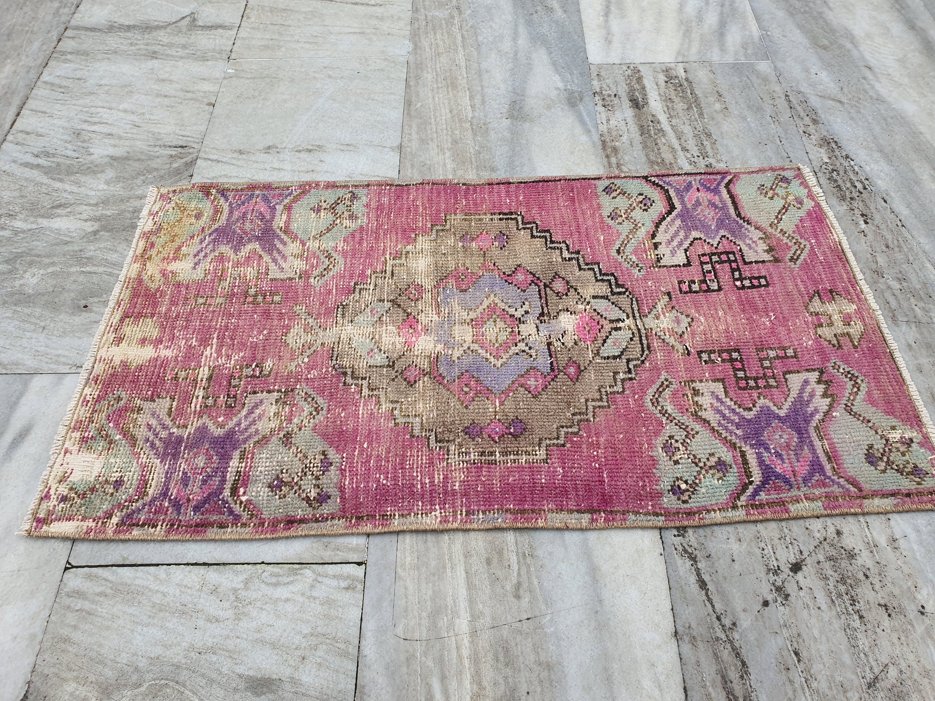 Small Turkish Rug, 3 ft x 1 ft 7 in, Pink and Green Grey Vintage Doormat Entry or Bedside Rug