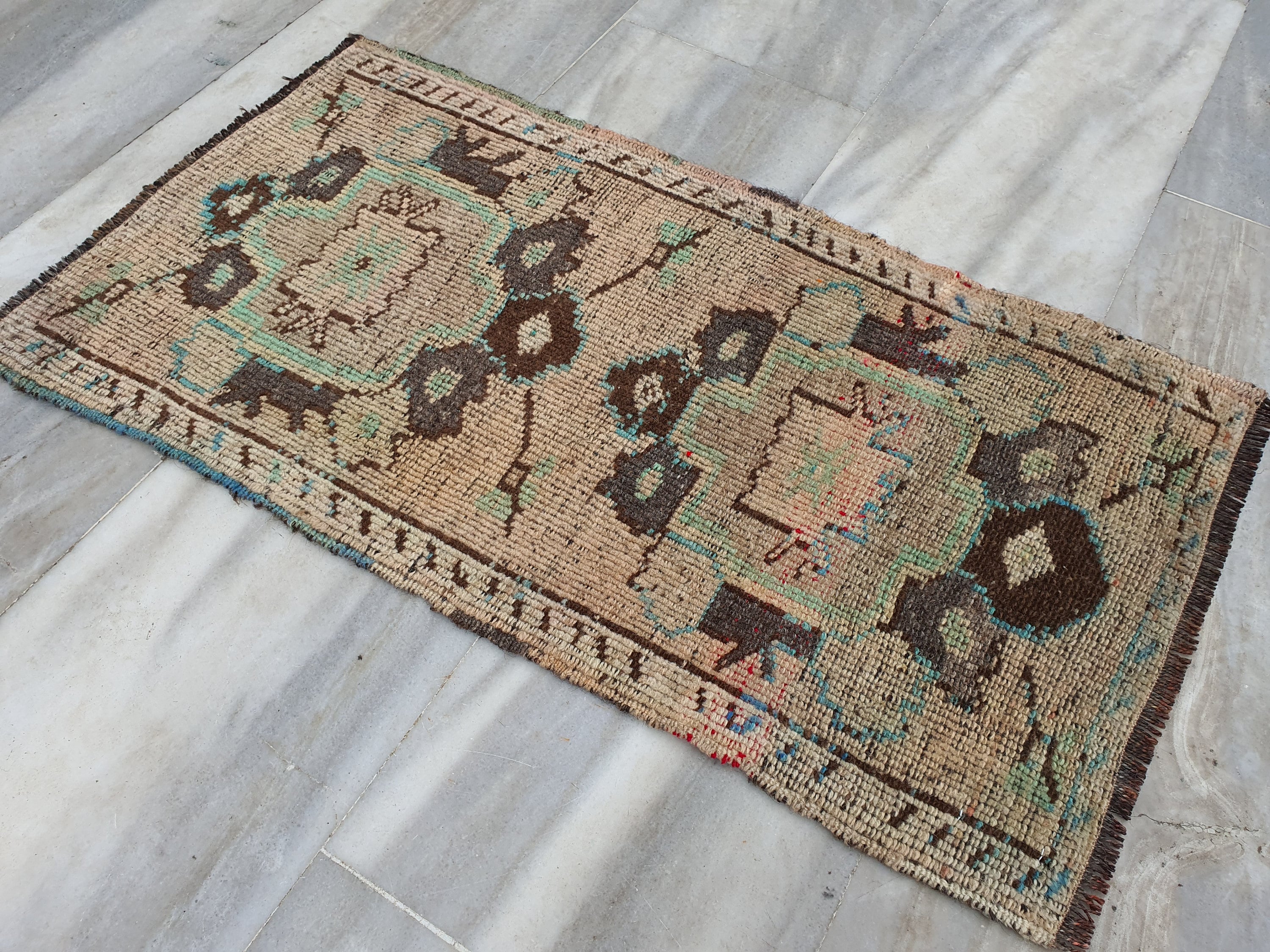 Small Turkish Rug, 3 ft 1 in x 1 ft 7 in, Apricot Orange and Teal Green / Grey Vintage Faded Distressed Door Mat