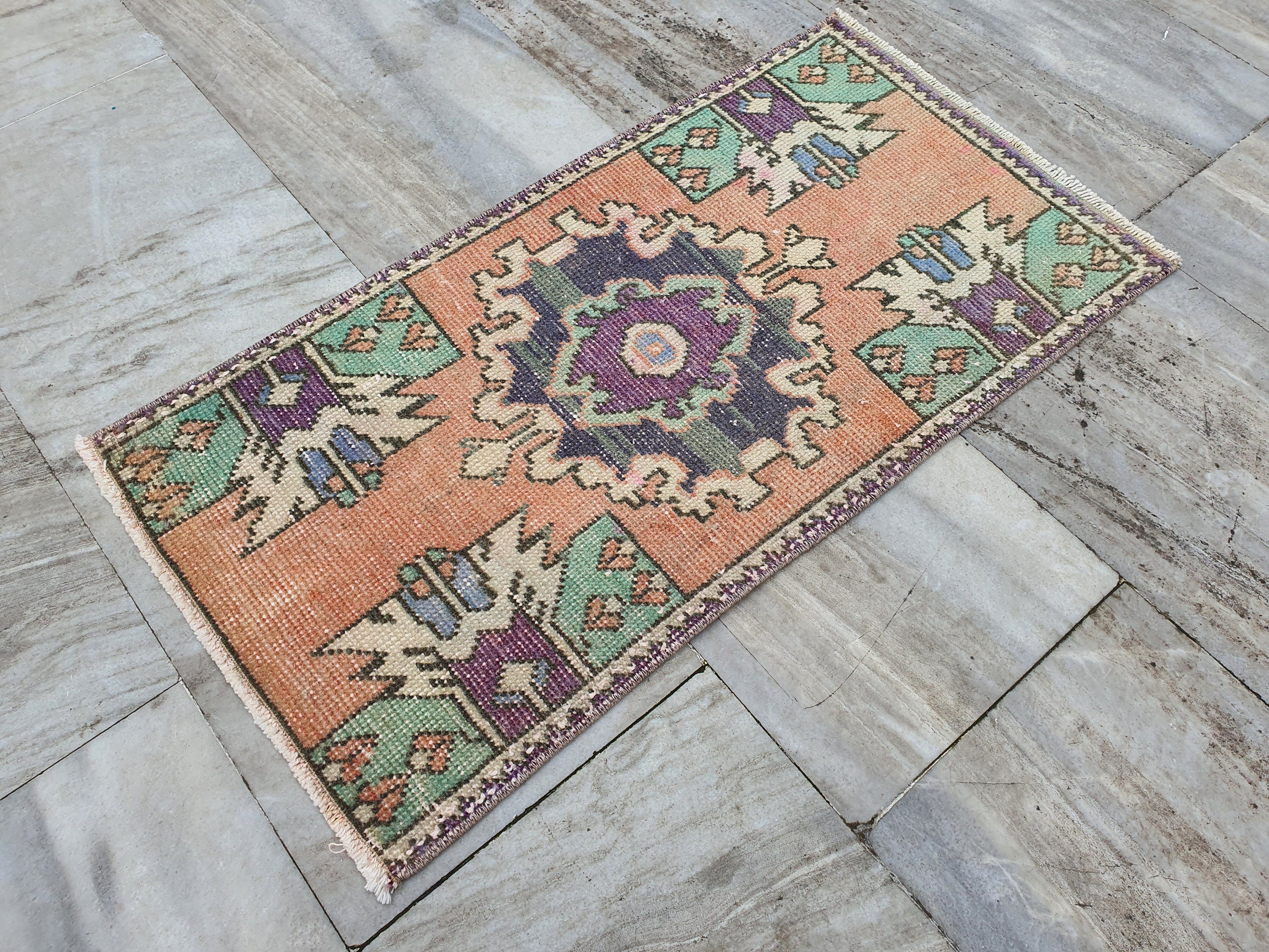 Small Turkish Rug, 2 ft 9 in x 1 ft 5 in, Pink Grey/Green Vintage Doormat Entry or Bedside Rug