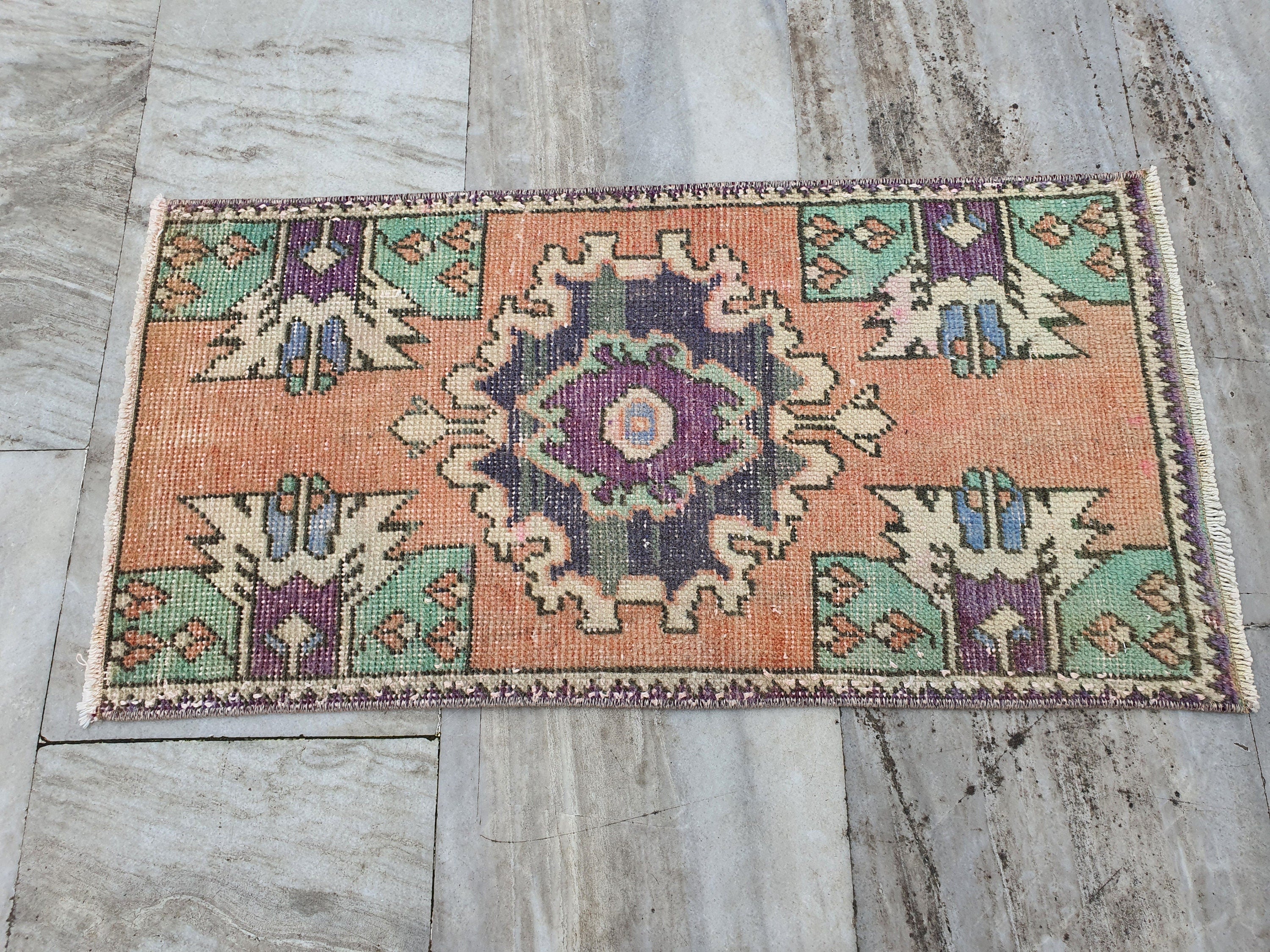 Small Turkish Rug, 2 ft 9 in x 1 ft 5 in, Pink Grey/Green Vintage Doormat Entry or Bedside Rug