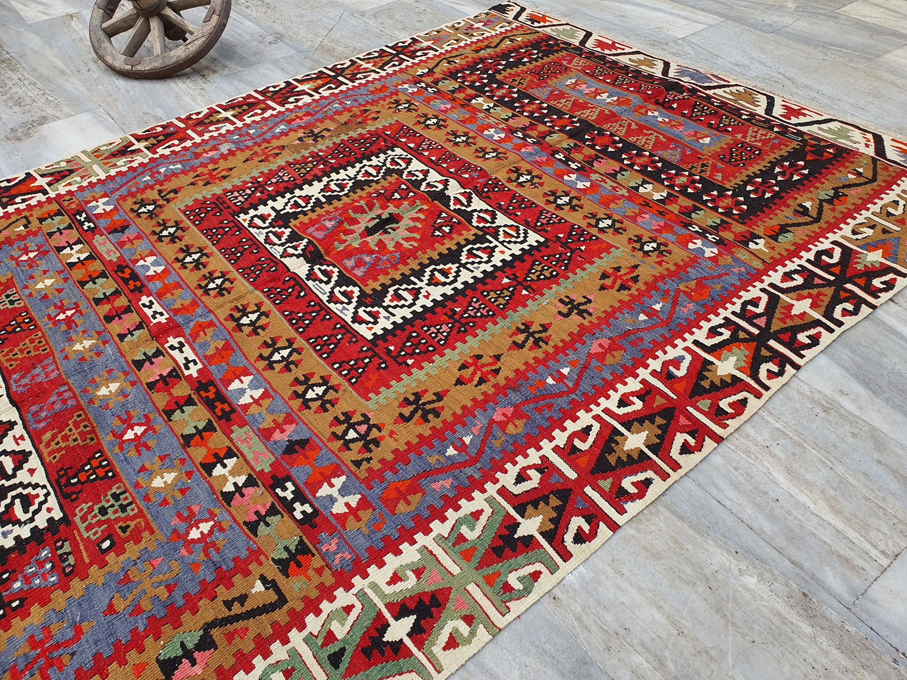 Kayseri Turkish Kilim Rug, Handmade Organic Wool Vintage Rug, Boho Rustic Anatolian Home Decor, Moroccan Carpet Persian Area Rug 11'7"x5'2"