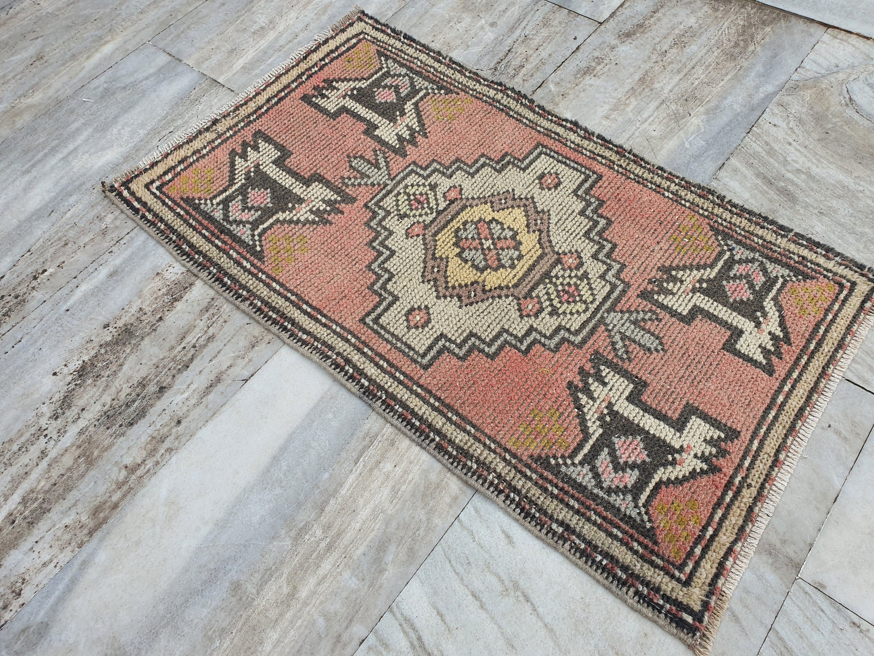 Small Turkish Rug, 2 ft 9 in x 1 ft 7 in, Pink, Green/Grey and Beige Faded Distressed Antique Style Mat