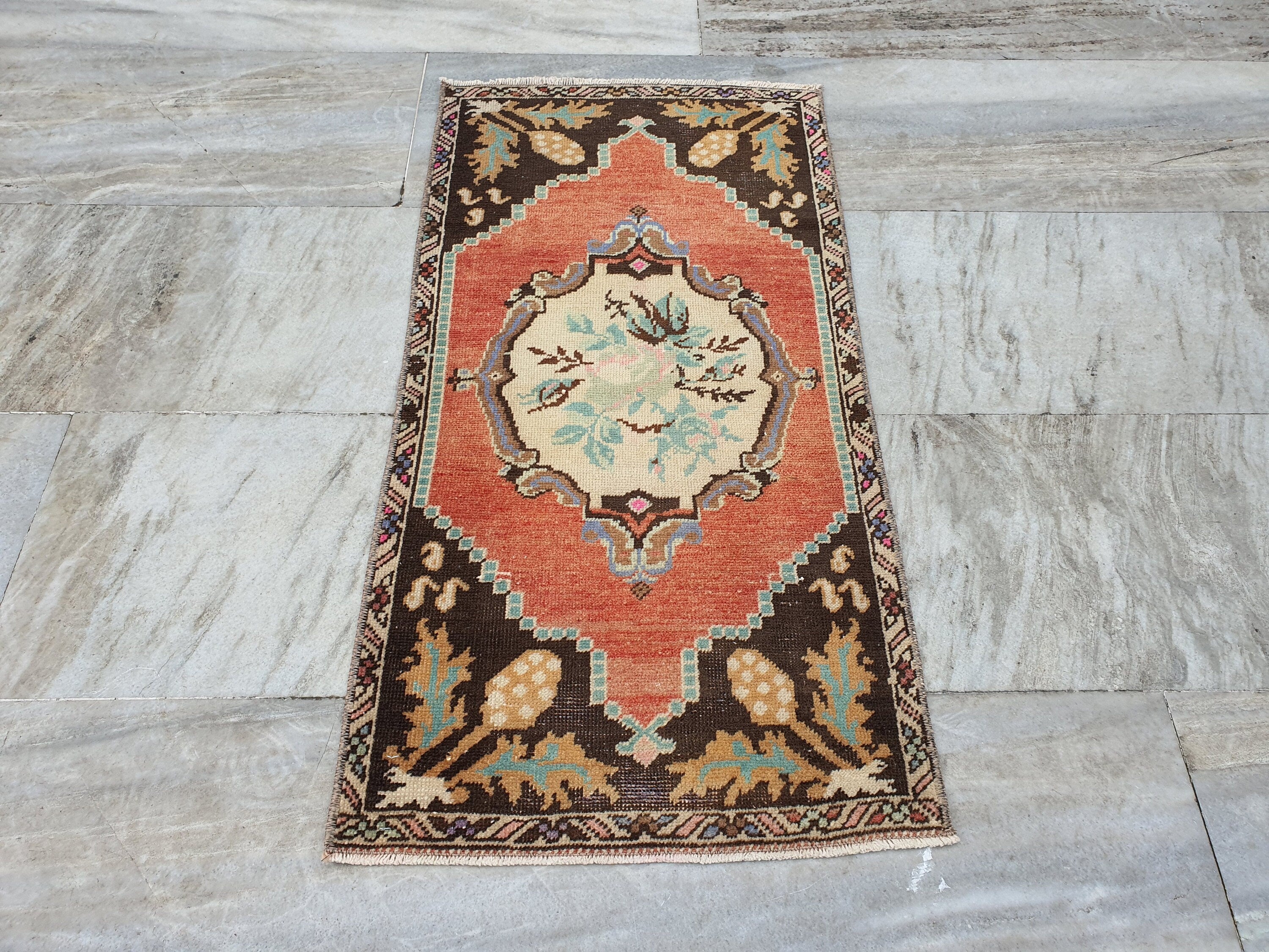 Vintage Turkish Small Rug, 3 ft 1 in x 1 ft 6 in, 	Red, Brown and Beige Faded Distressed Antique Style Mat