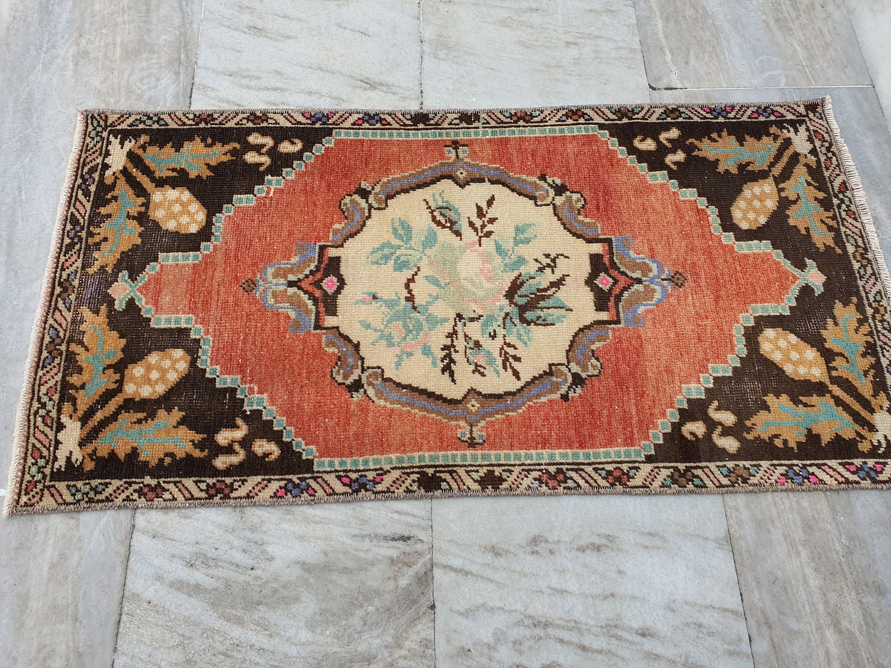 Vintage Turkish Small Rug, 3 ft 1 in x 1 ft 6 in, 	Red, Brown and Beige Faded Distressed Antique Style Mat