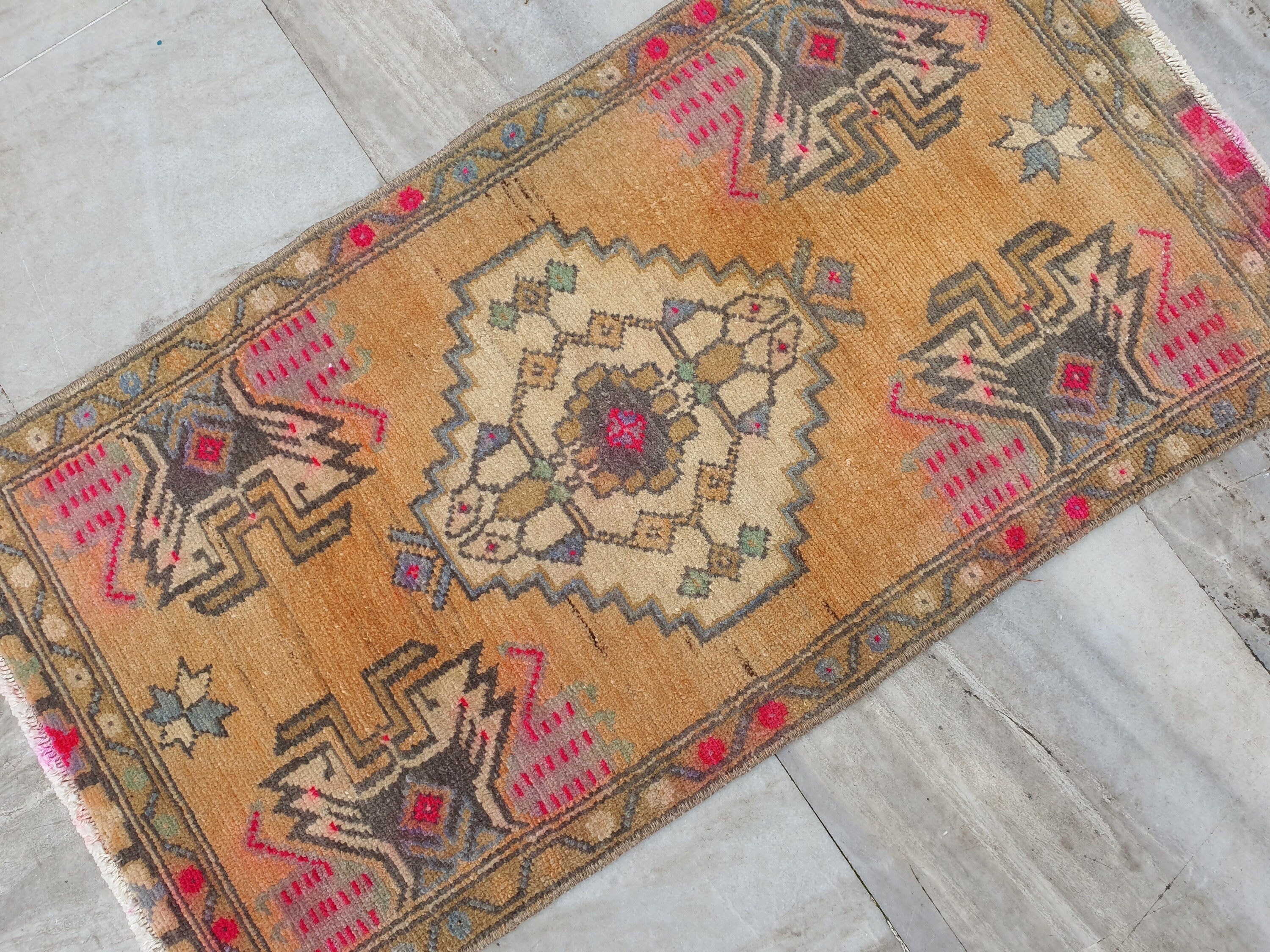 Small Turkish Rug 2 ft 9 in x 1 ft 5 in, Pink and Grey Vintage Doormat Entry or Bedside Rug