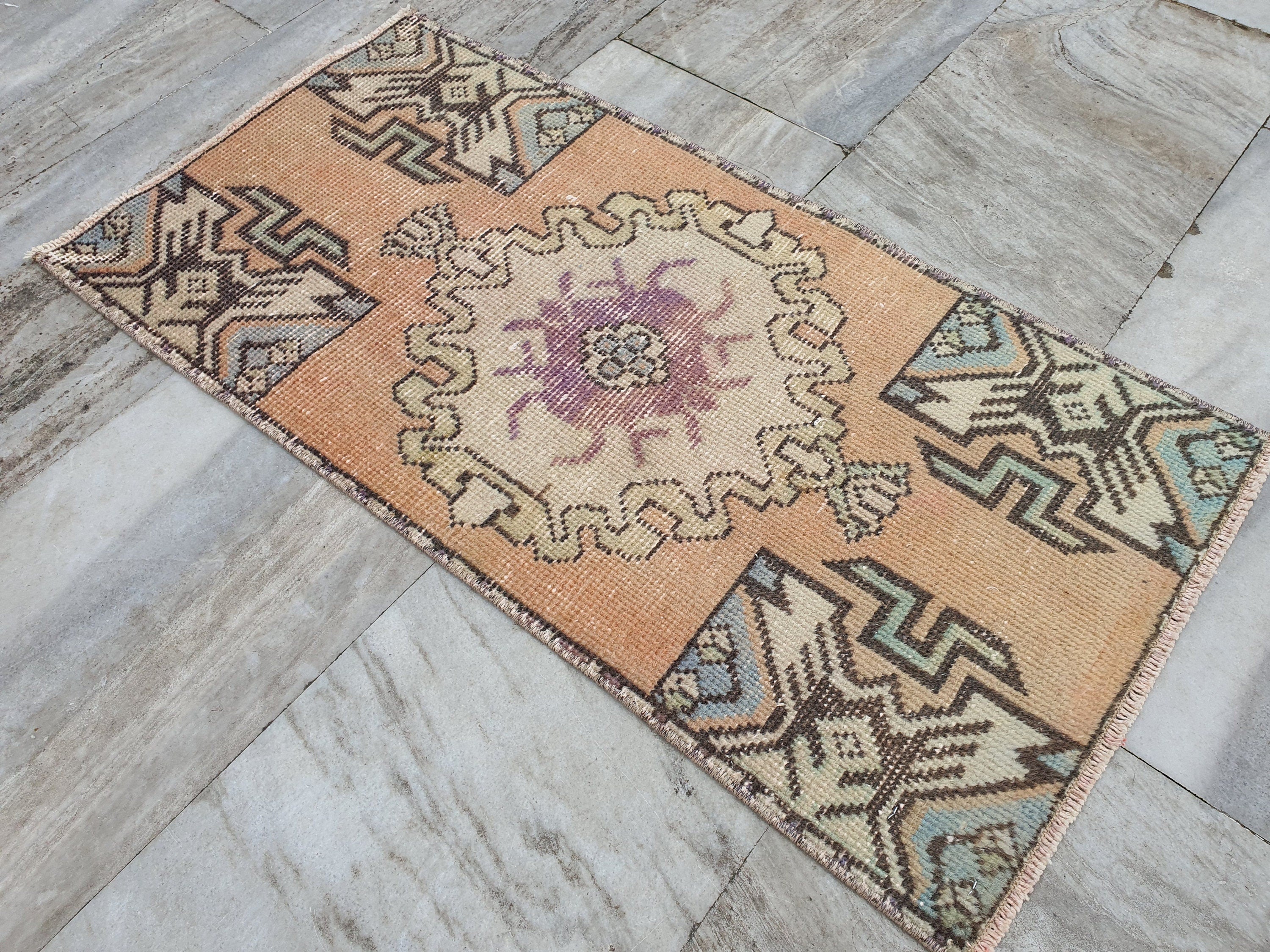 Vintage Turkish Small Rug, 3 ft x 1 ft 6 in, Pink, Green/Grey and Beige Faded Distressed Antique Style Mat