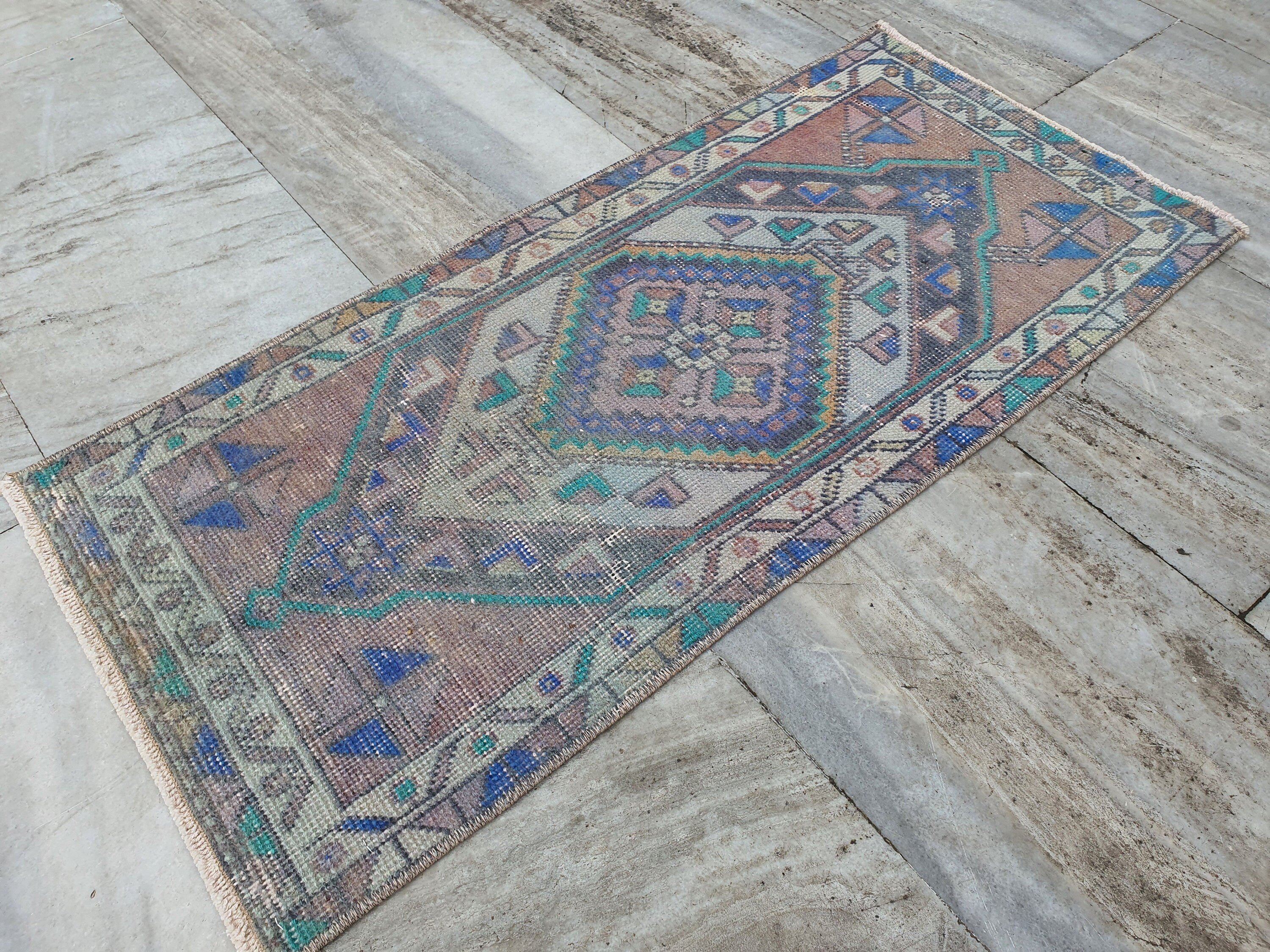 Vintage Turkish Small Rug, 3 ft 2 in x 1 ft 5 in, Pink, Green/Grey and Beige Faded Distressed Antique Style Mat