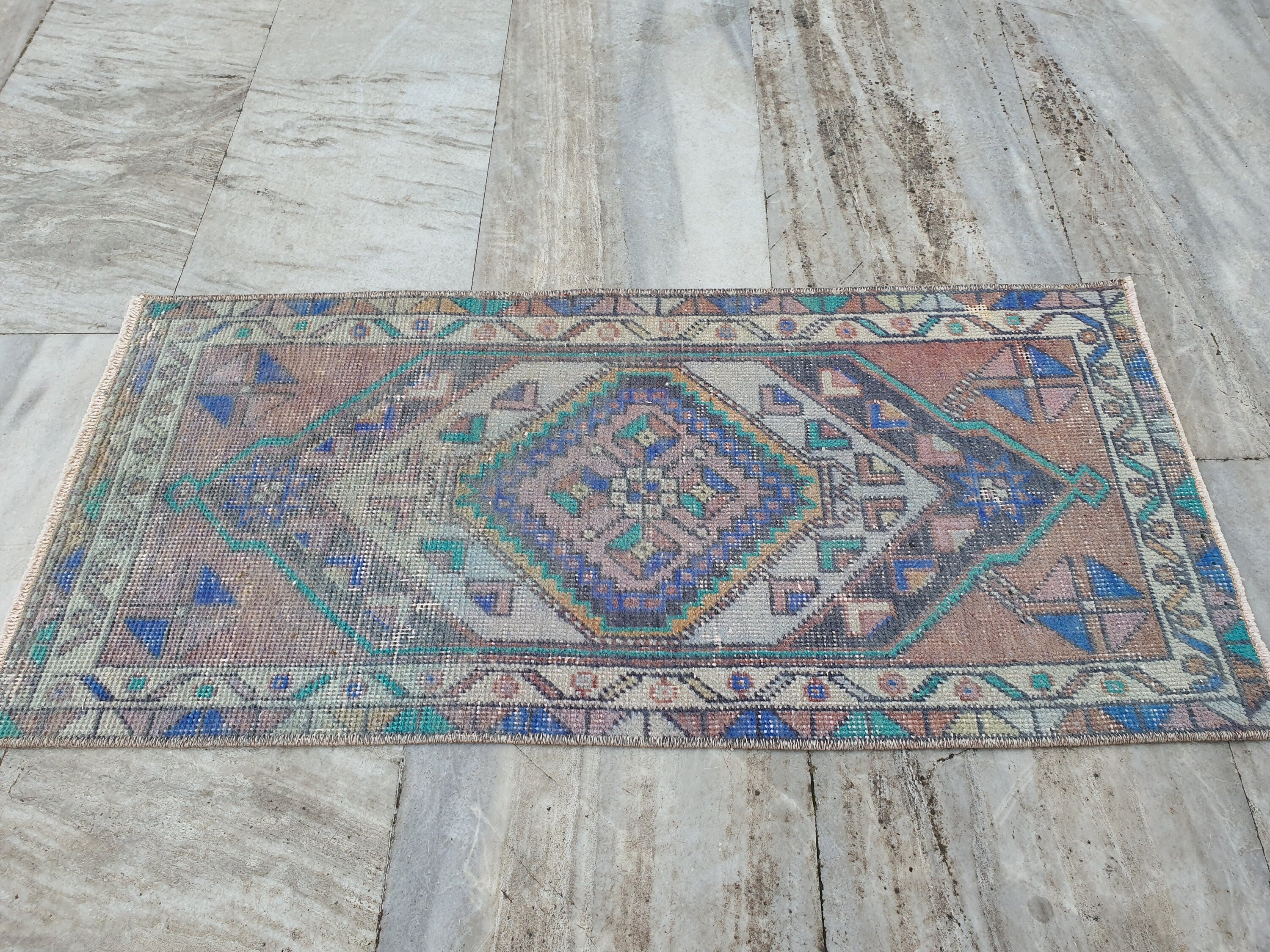 Vintage Turkish Small Rug, 3 ft 2 in x 1 ft 5 in, Pink, Green/Grey and Beige Faded Distressed Antique Style Mat