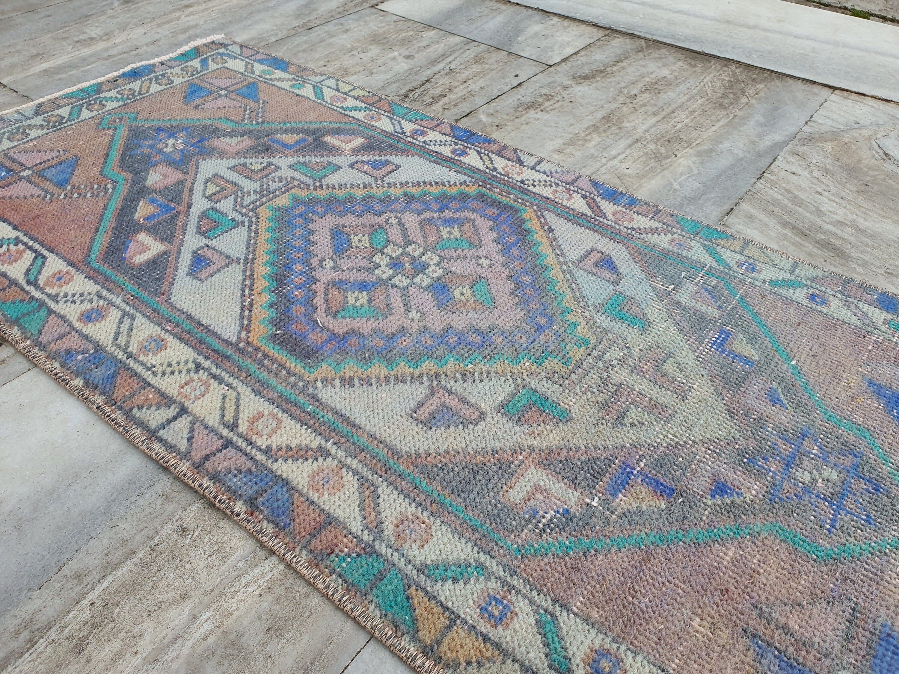 Vintage Turkish Small Rug, 3 ft 2 in x 1 ft 5 in, Pink, Green/Grey and Beige Faded Distressed Antique Style Mat