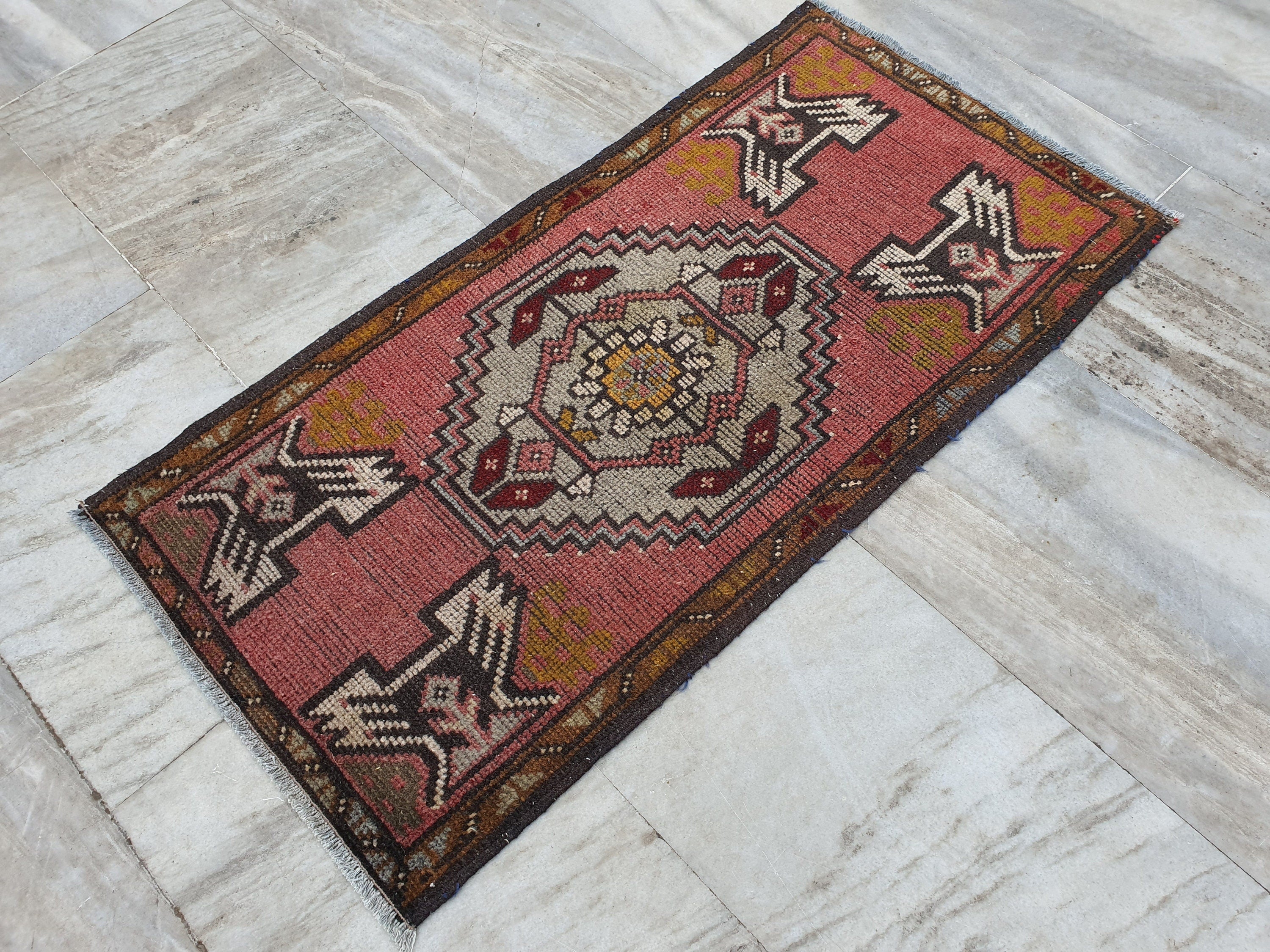 Vintage Turkish Small Rug,  3 ft 3 in x 1 ft 6 in, Pink, Blue/Grey and Beige Faded Distressed Antique Style Mat