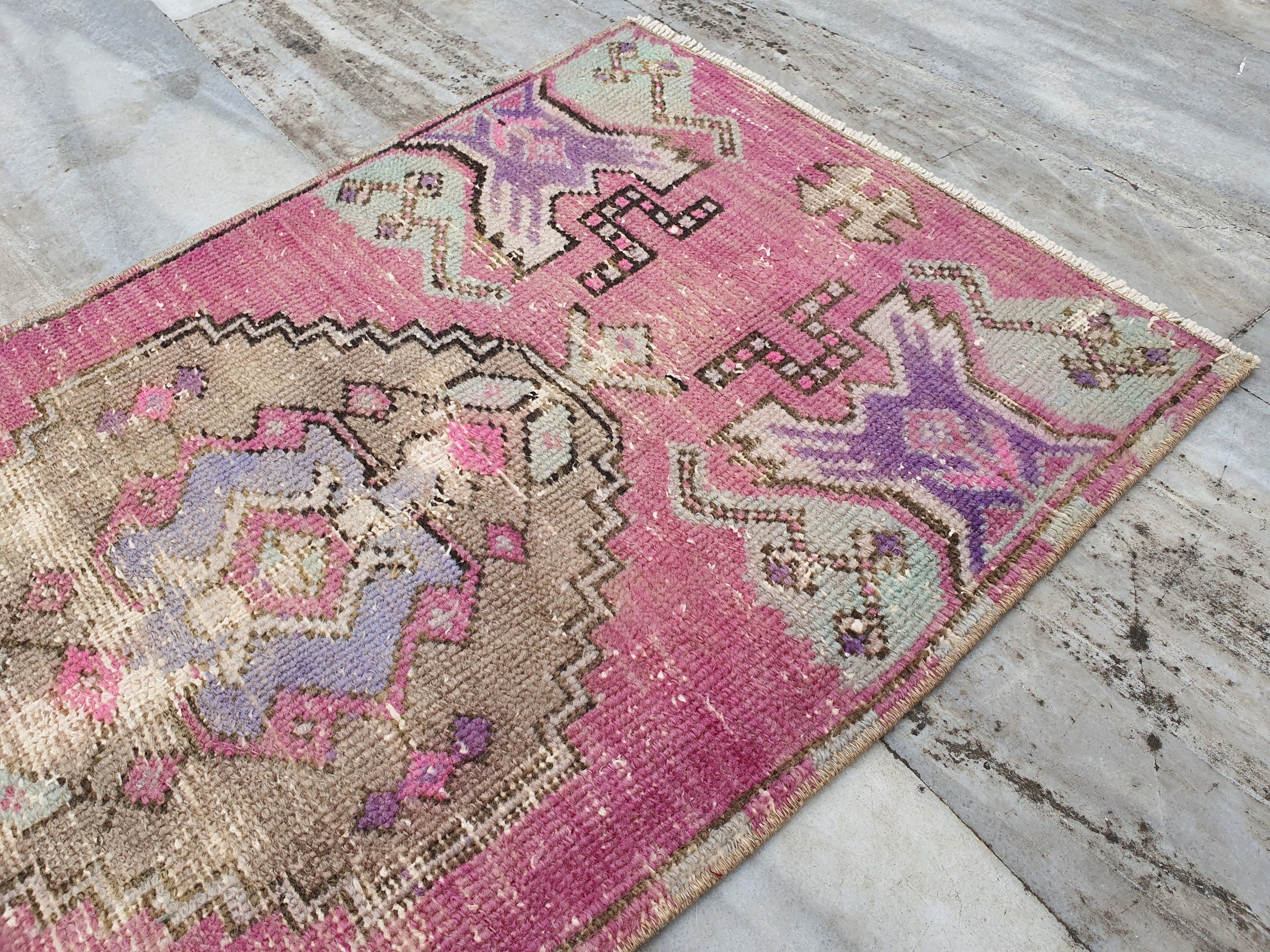 Small Turkish Rug, 3 ft x 1 ft 7 in, Pink and Green Grey Vintage Doormat Entry or Bedside Rug