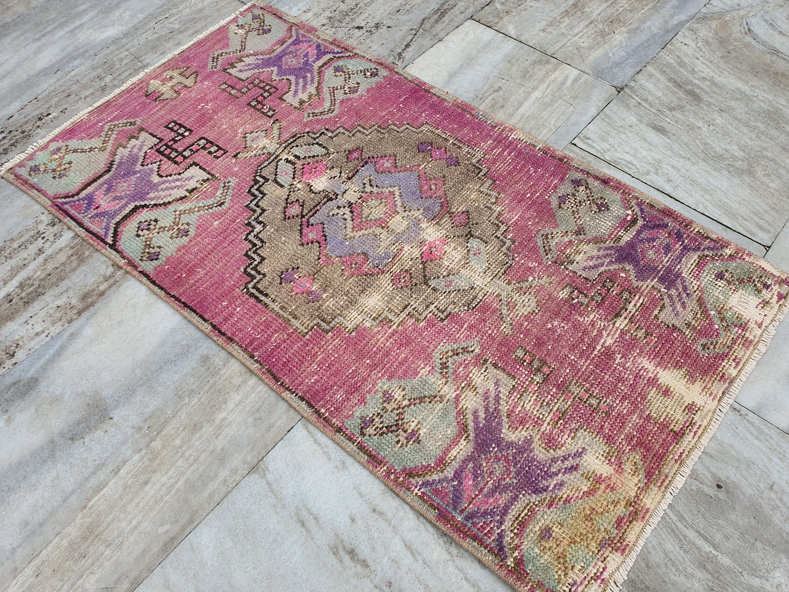 Small Turkish Rug, 3 ft x 1 ft 7 in, Pink and Green Grey Vintage Doormat Entry or Bedside Rug