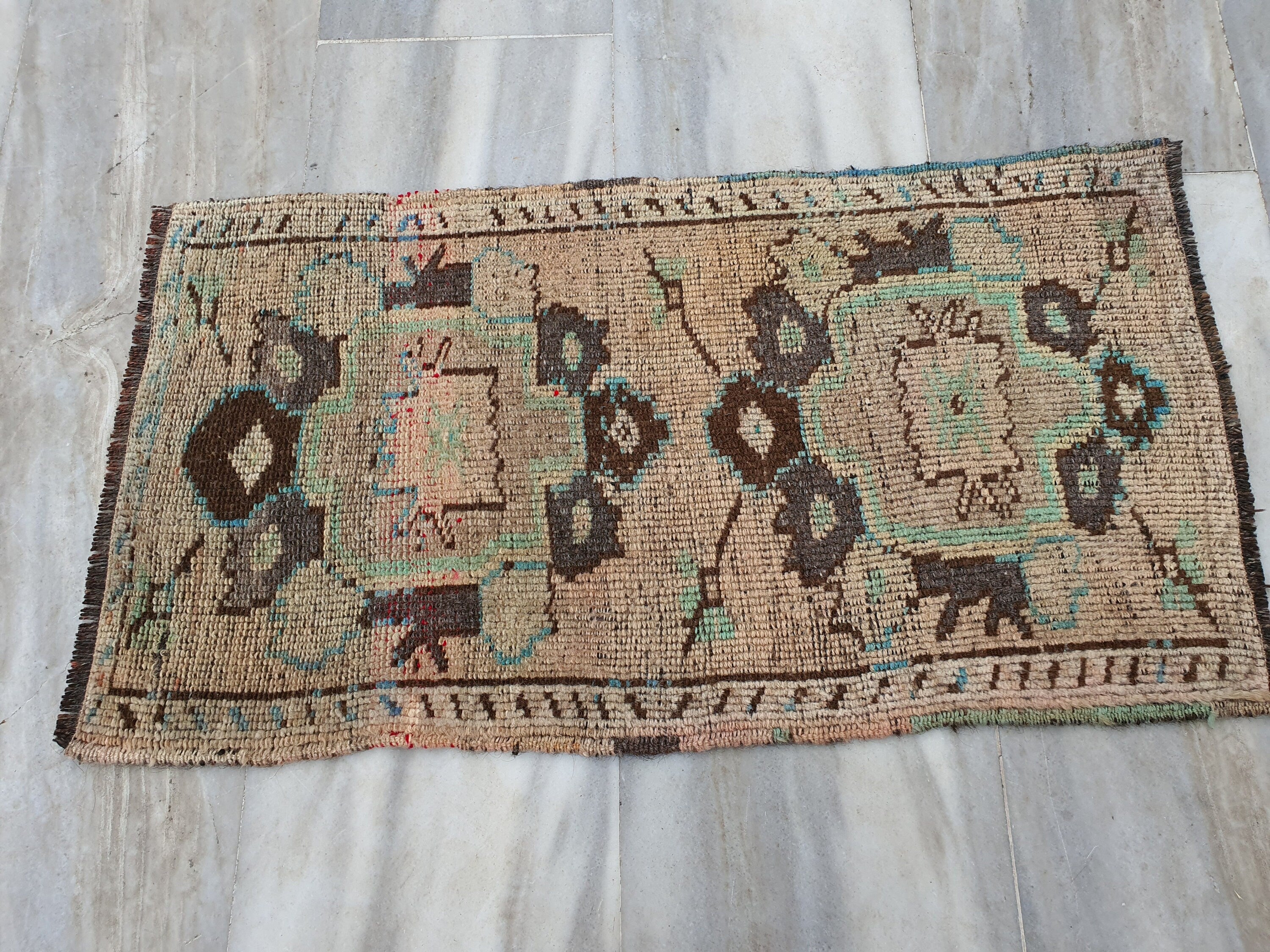 Small Turkish Rug, 3 ft 1 in x 1 ft 7 in, Apricot Orange and Teal Green / Grey Vintage Faded Distressed Door Mat