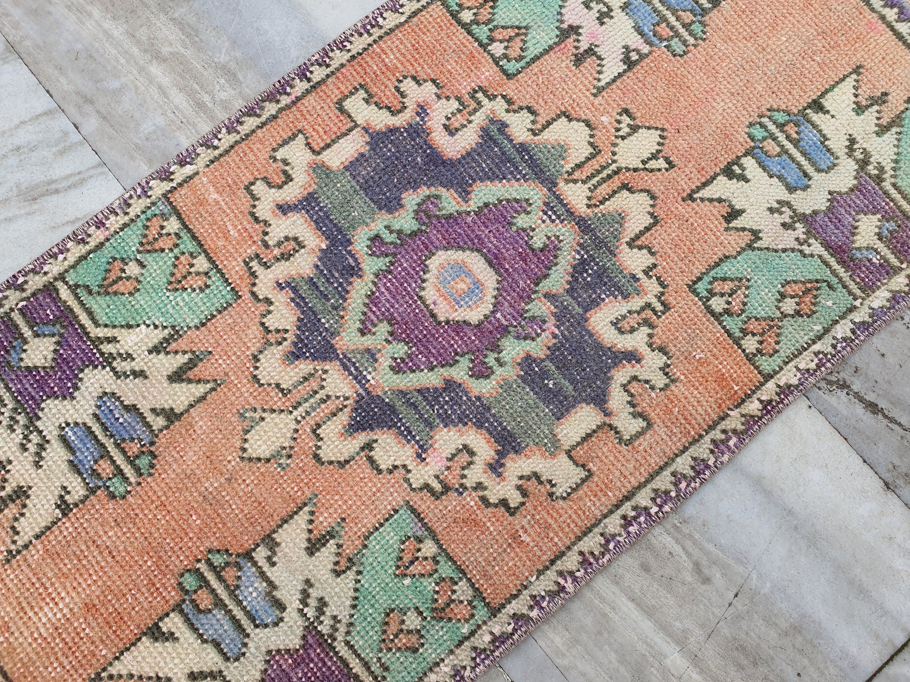 Small Turkish Rug, 2 ft 9 in x 1 ft 5 in, Pink Grey/Green Vintage Doormat Entry or Bedside Rug