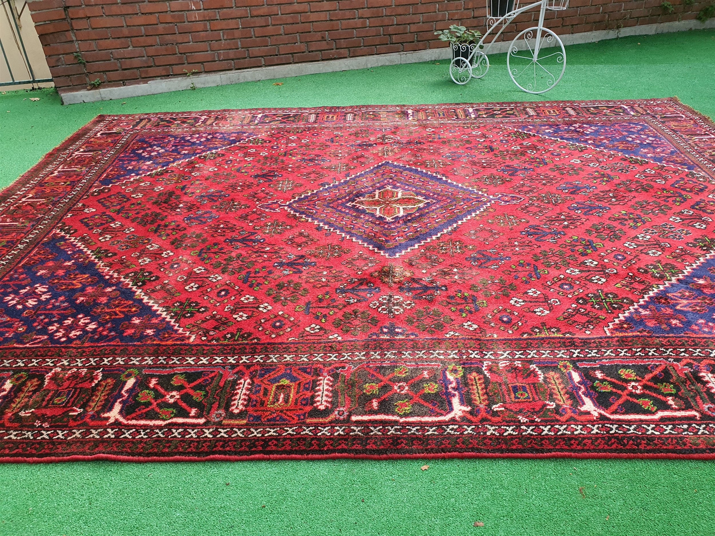 Vintage Persian Rug 10 x 8 ft Red Blue Turkish  Floral Medallion Large Floor Rug., Handmade Boho Rustic Natural Wool Living Dining Room Rug