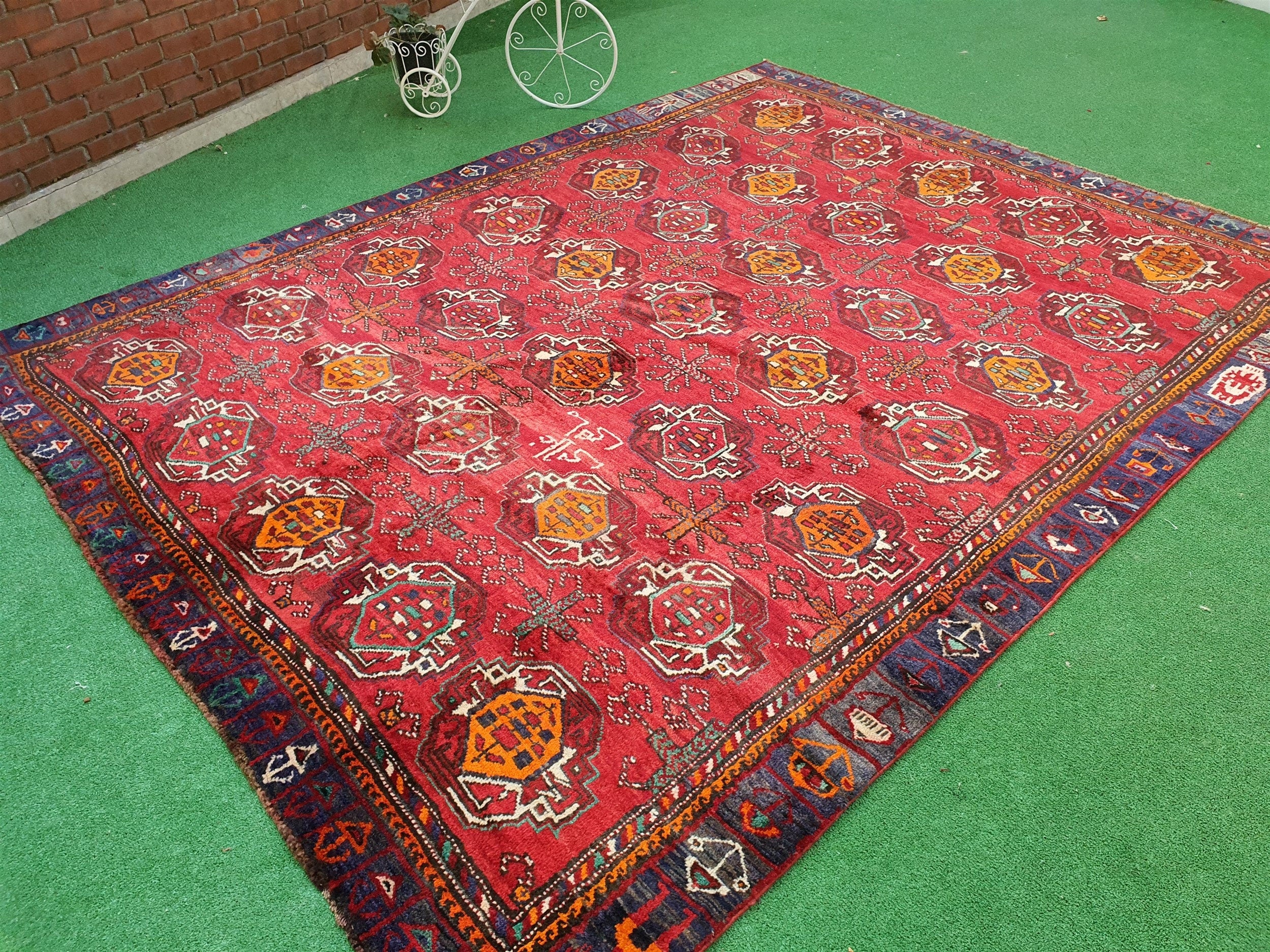 Persian Area Rug, Recycled Oriental Design Vintage Tribal Nomadic Rustic Decor, Handmade Organic Wool Bohemian Moroccan Style Rug 9'2"x7'2''