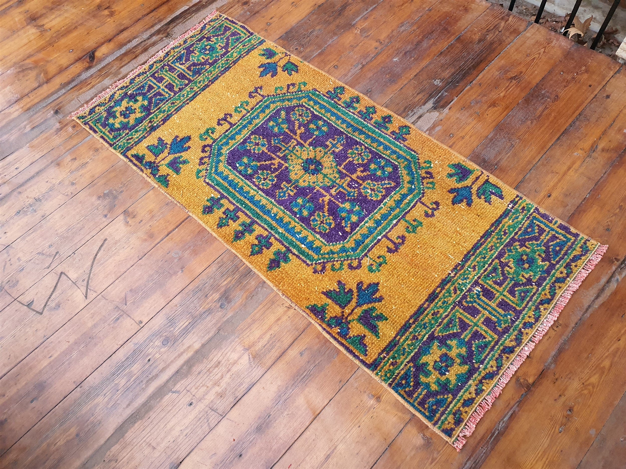 Small Turkish Rug, 4 ft 4 in x 1 ft 9 in ft, Apricot Orange and Teal Green Vintage Faded Distressed Door Mat