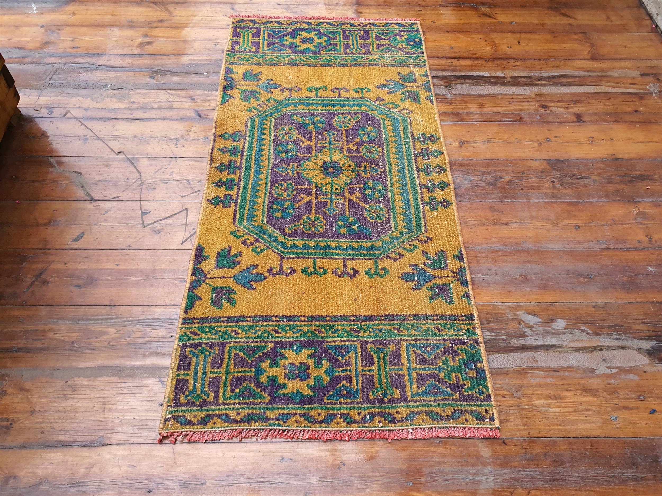Small Turkish Rug, 4 ft 4 in x 2 ft, Apricot Orange and Teal Green Vintage Faded Distressed Door Mat