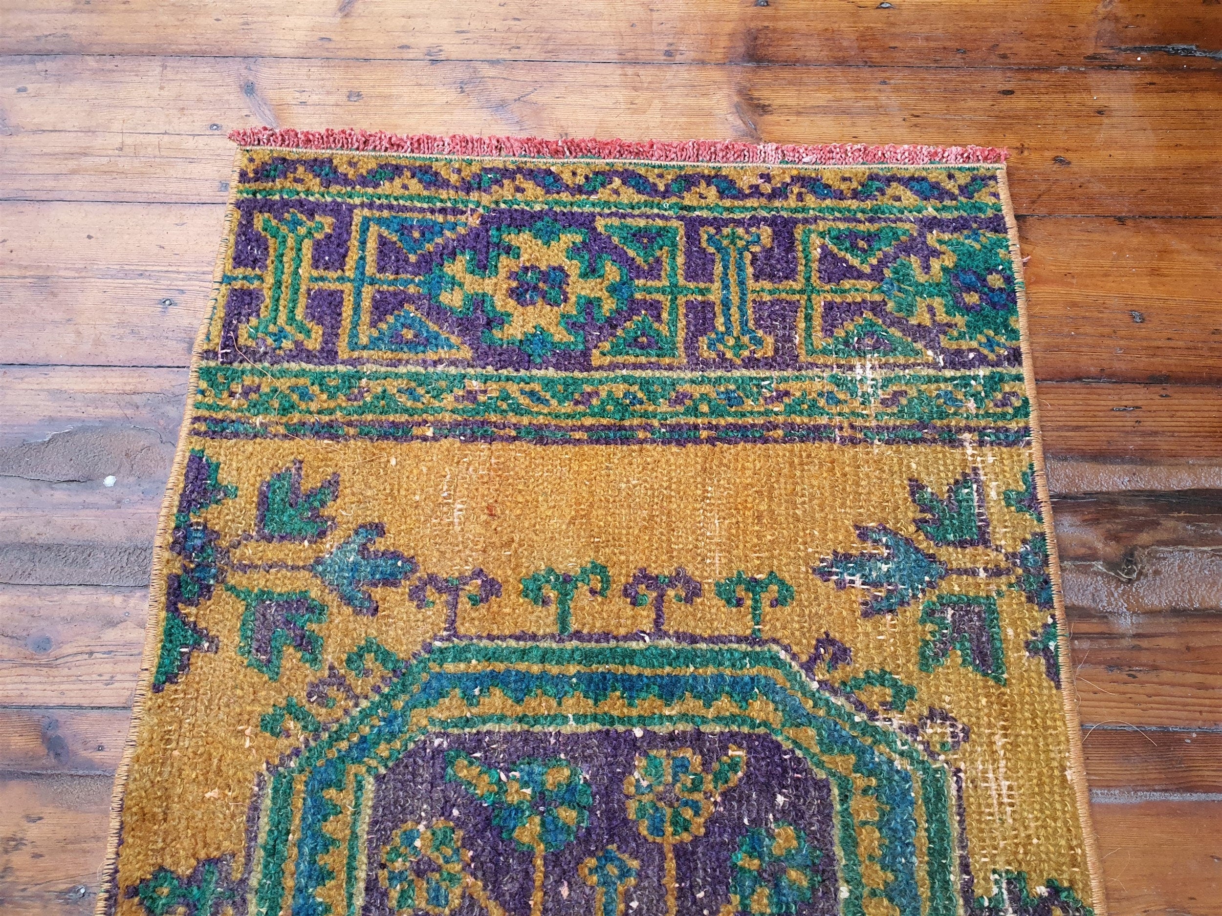 Small Turkish Rug, 4 ft 4 in x 2 ft, Apricot Orange and Teal Green Vintage Faded Distressed Door Mat