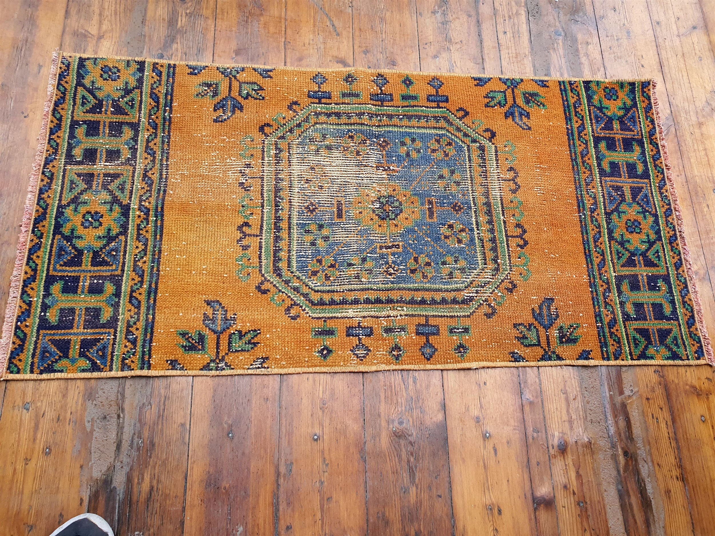 Small Turkish Rug, 4 ft 1 in x 1 ft 8 in, Apricot Orange and Teal Green / Grey Vintage Faded Distressed Door Mat