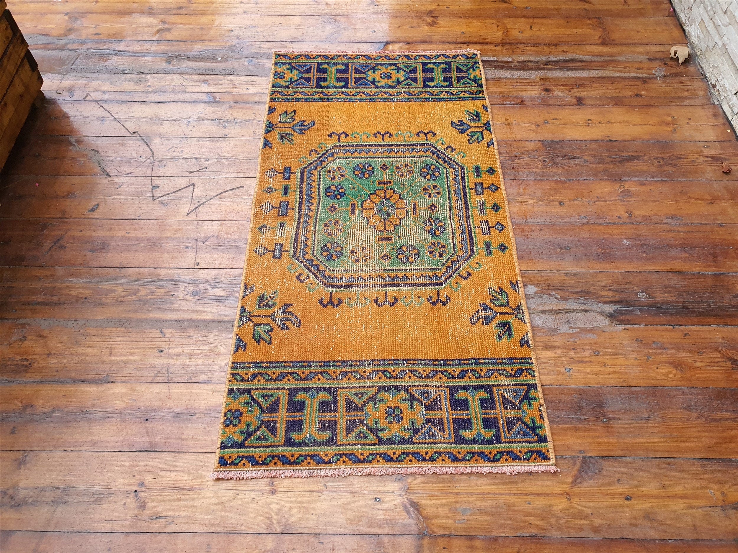 Small Turkish Rug, 4 ft 1 in x 2 ft 1 in, Apricot Orange and Teal Green Vintage Faded Distressed Door Mat