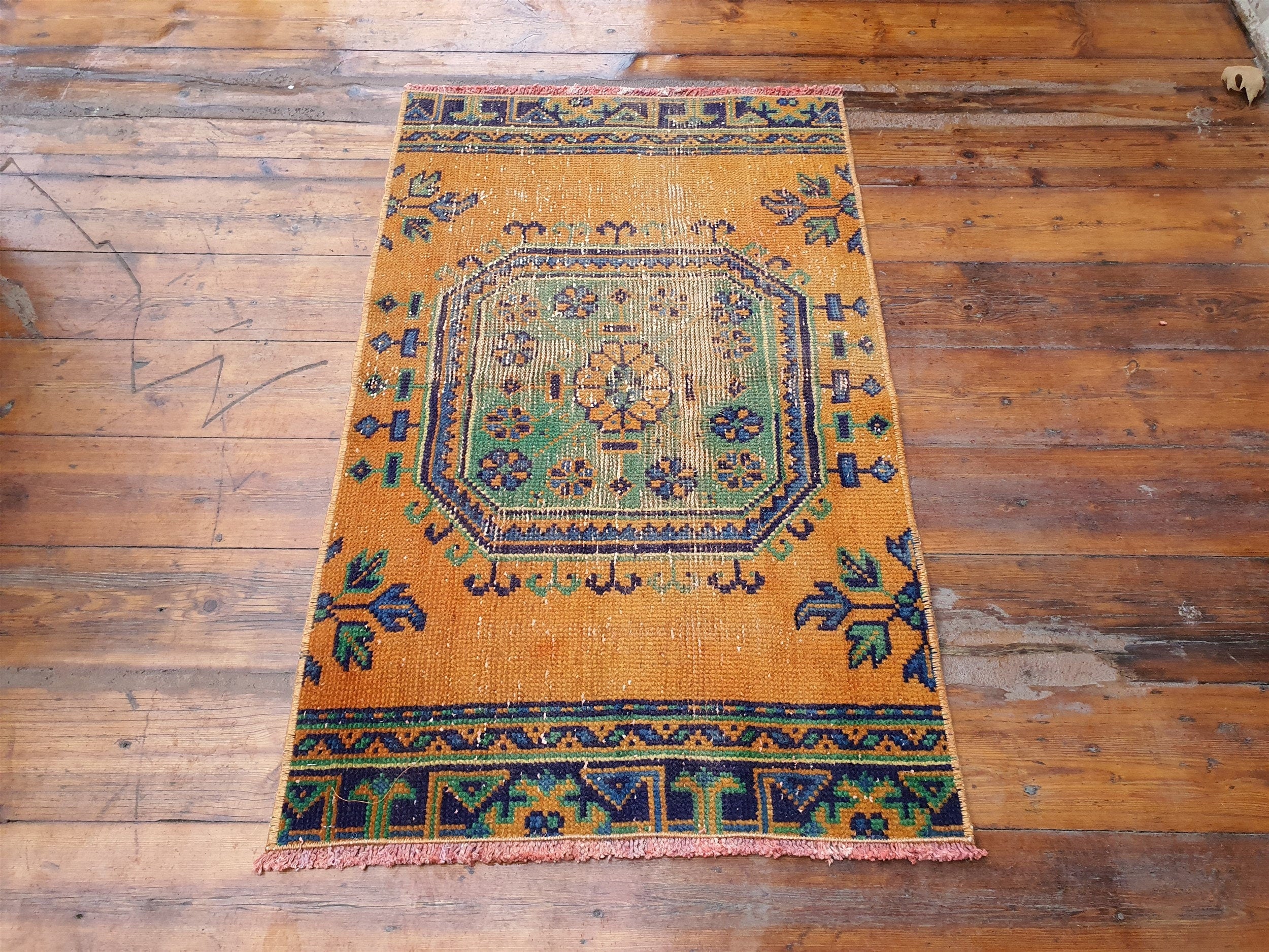 Small Turkish Rug, 3 ft 5 in x 2 ft 1 in, Apricot Orange and Teal Green / Grey Vintage Faded Distressed Door Mat
