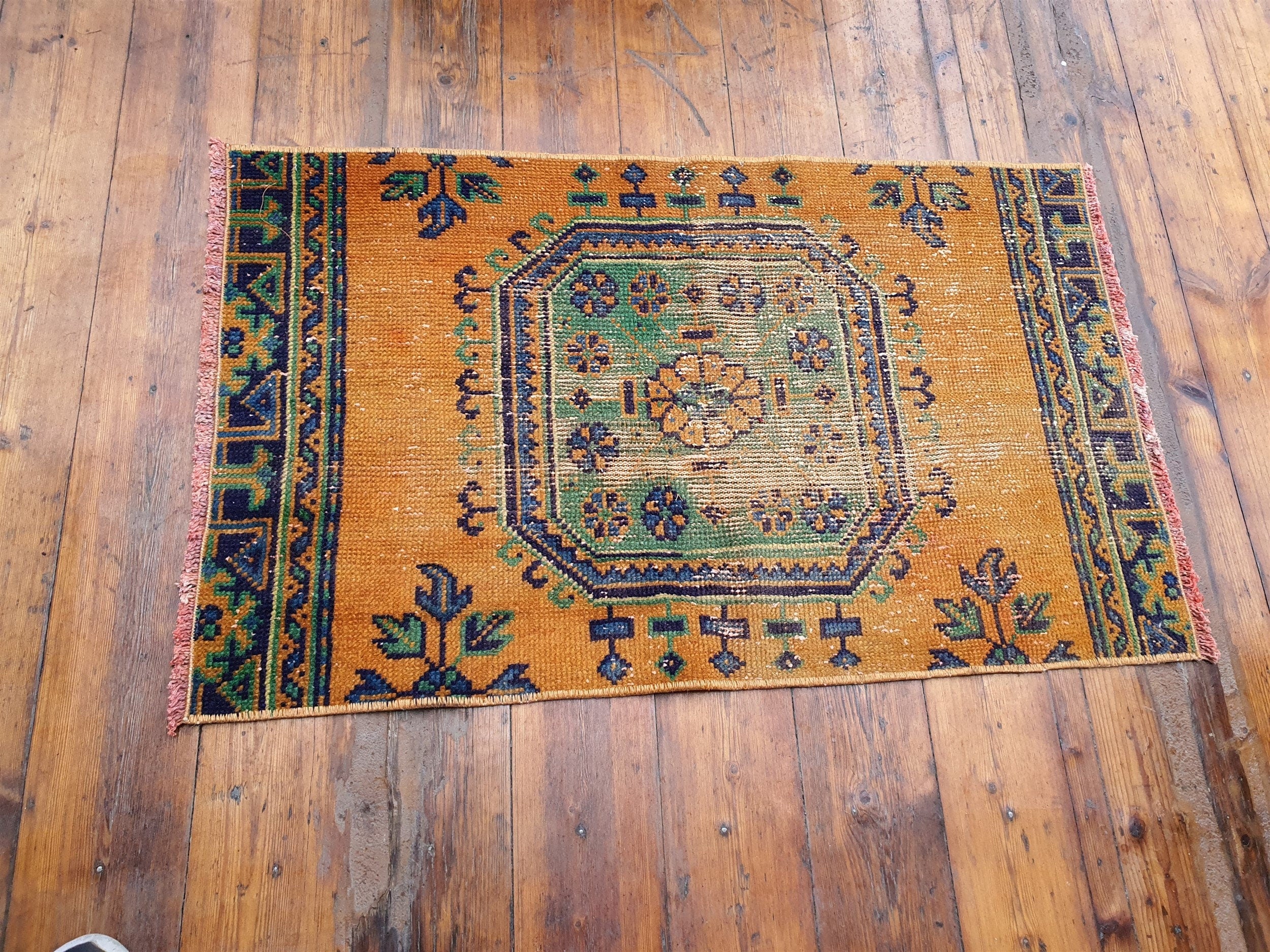 Small Turkish Rug, 3 ft 5 in x 2 ft 1 in, Apricot Orange and Teal Green / Grey Vintage Faded Distressed Door Mat