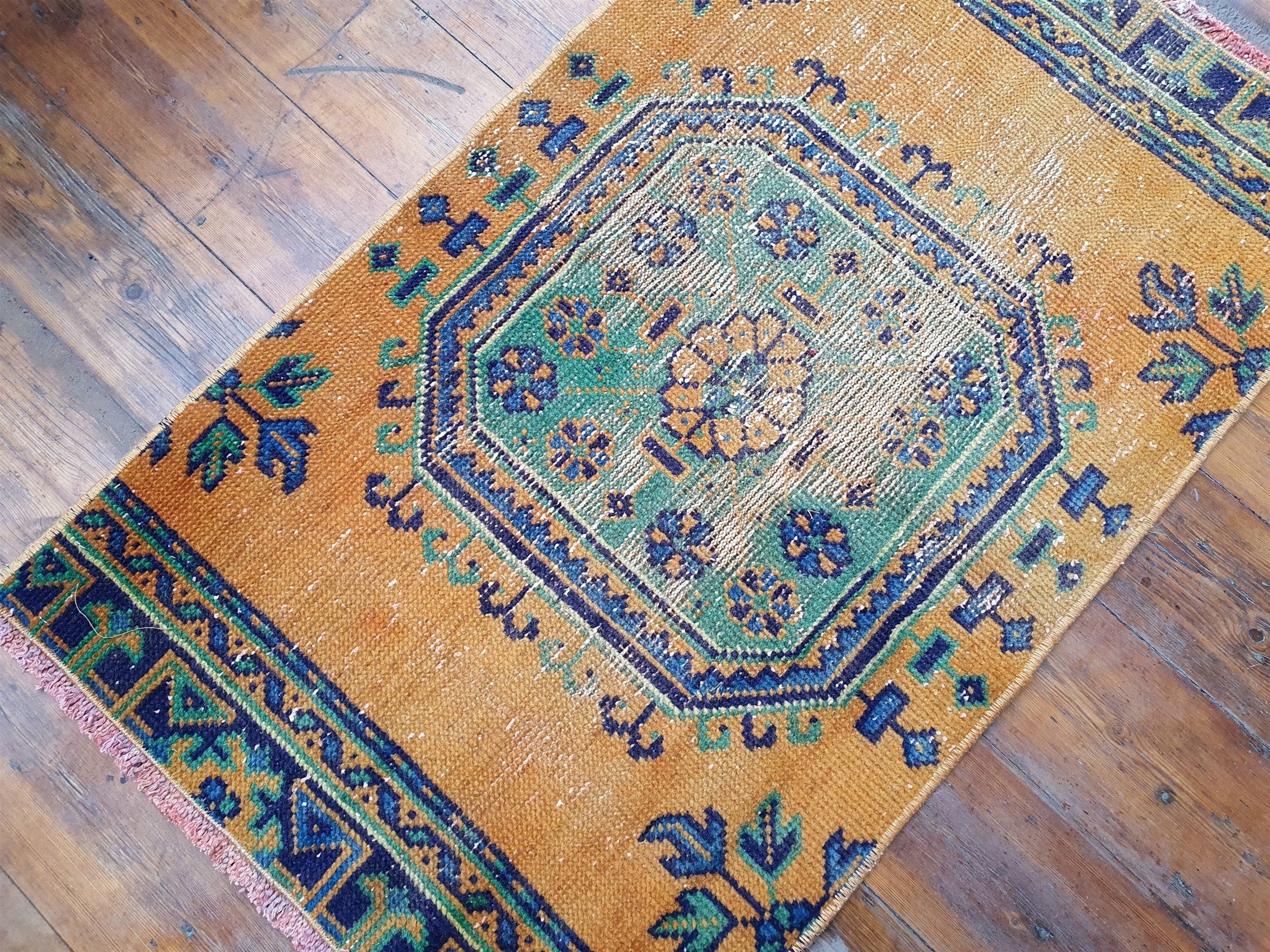 Small Turkish Rug, 3 ft 5 in x 2 ft 1 in, Apricot Orange and Teal Green / Grey Vintage Faded Distressed Door Mat