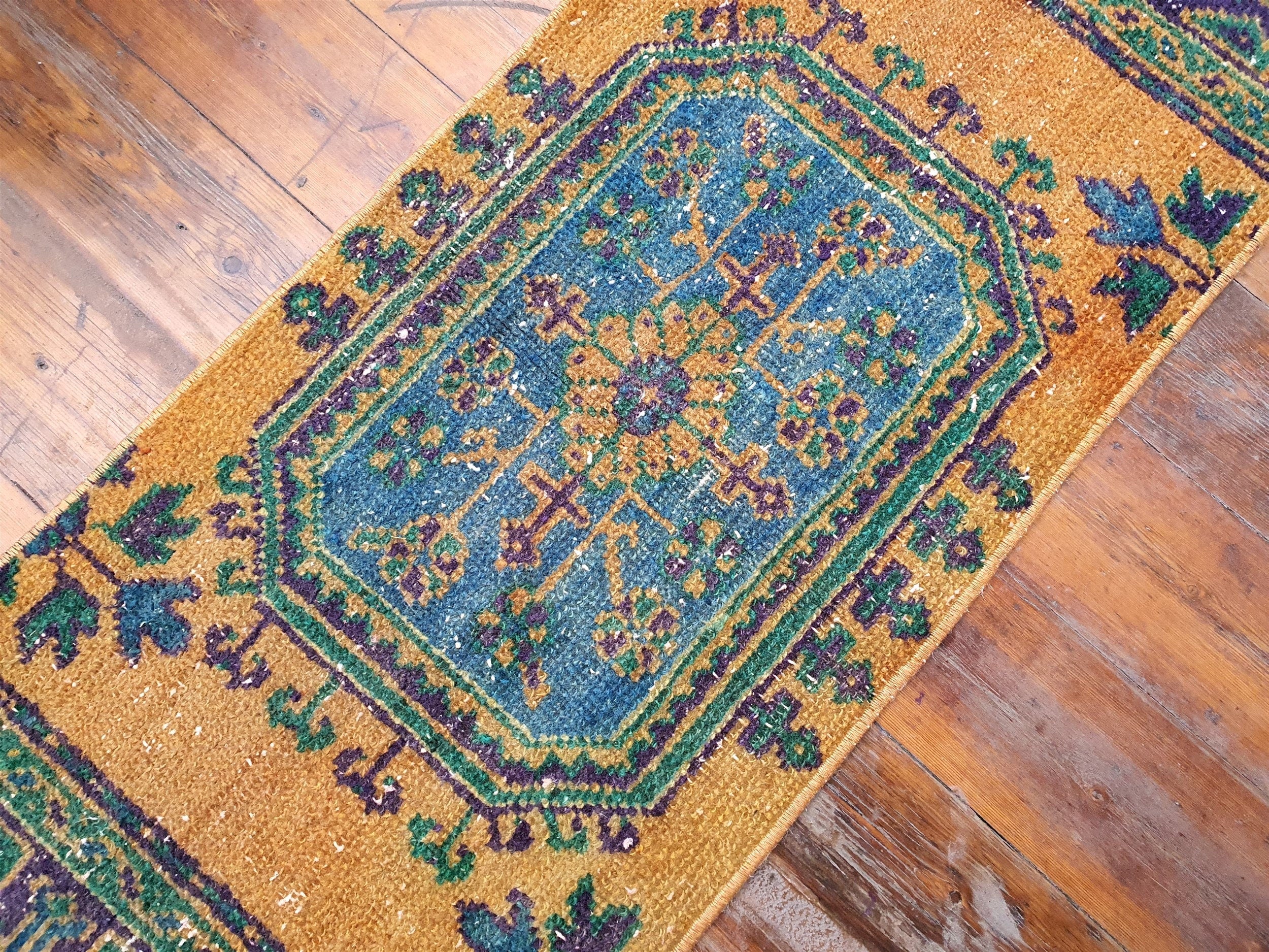 Small Turkish Rug, 4 ft 4 in x 1 ft 7 in, Apricot Orange and Teal Green / Grey Vintage Faded Distressed Door Mat