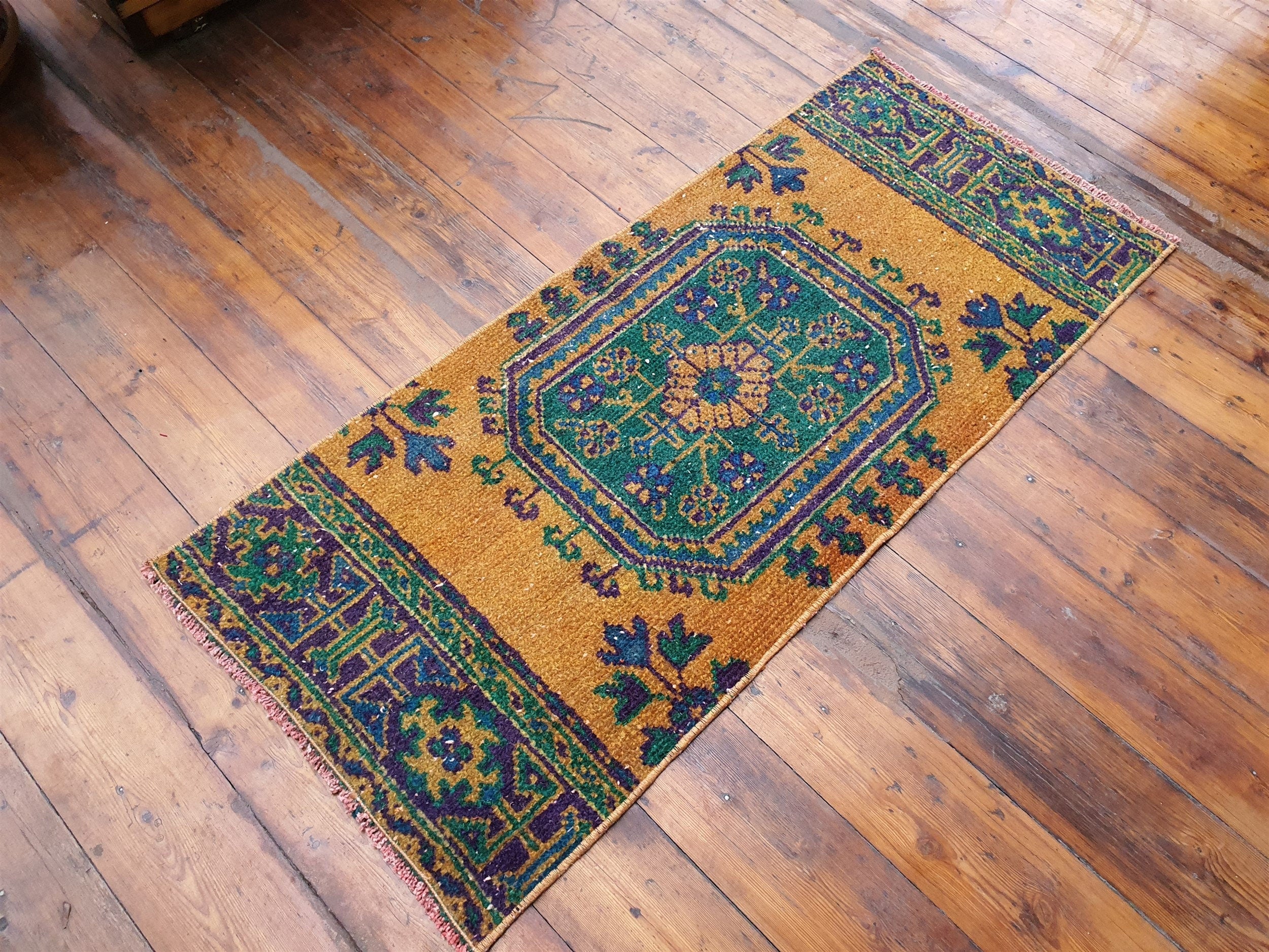 Small Turkish Rug, 4 ft 3 in x 1 ft 9 in, Apricot Orange and Teal Green Vintage Faded Distressed Door Mat