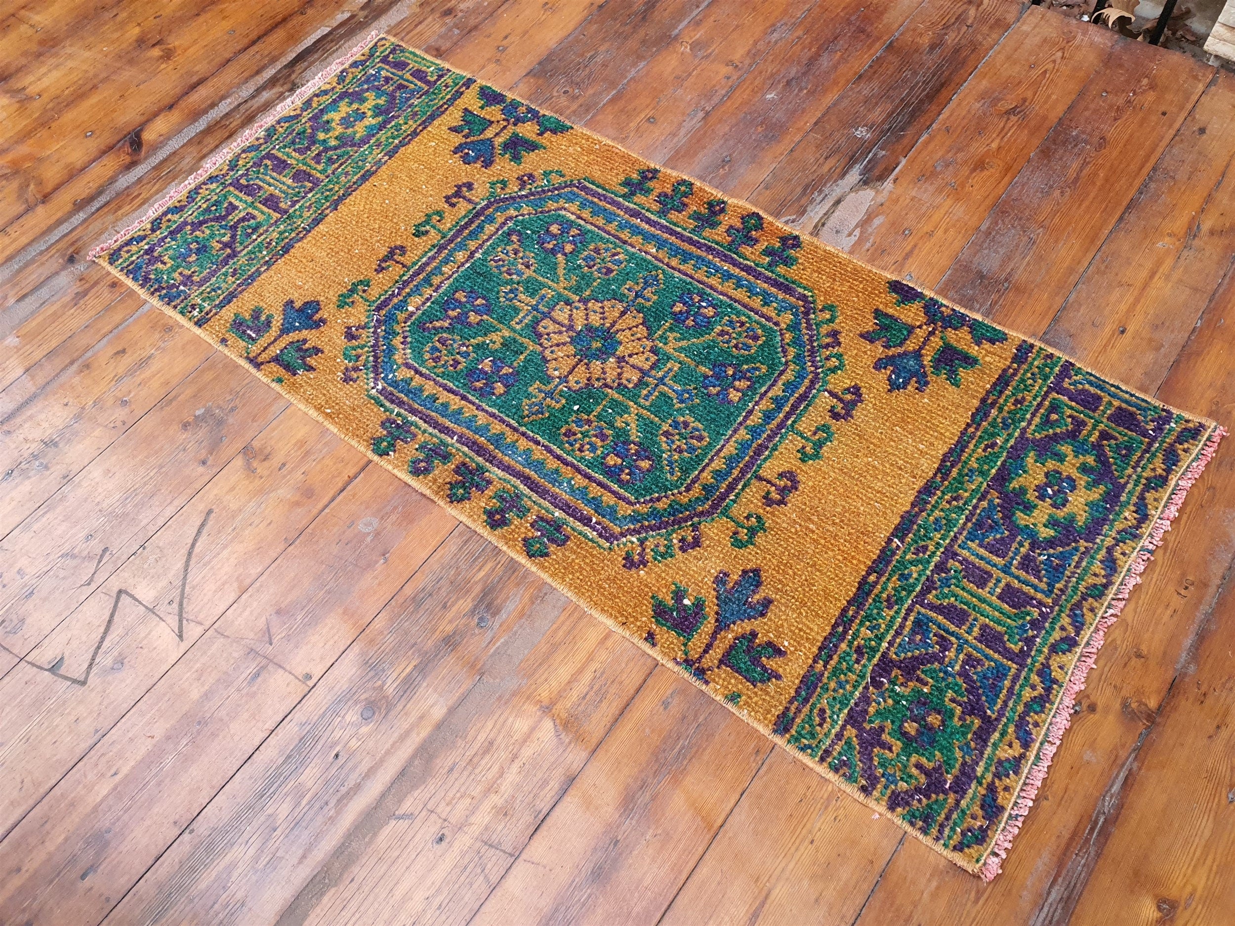 Small Turkish Rug, 4 ft 3 in x 1 ft 9 in, Apricot Orange and Teal Green Vintage Faded Distressed Door Mat