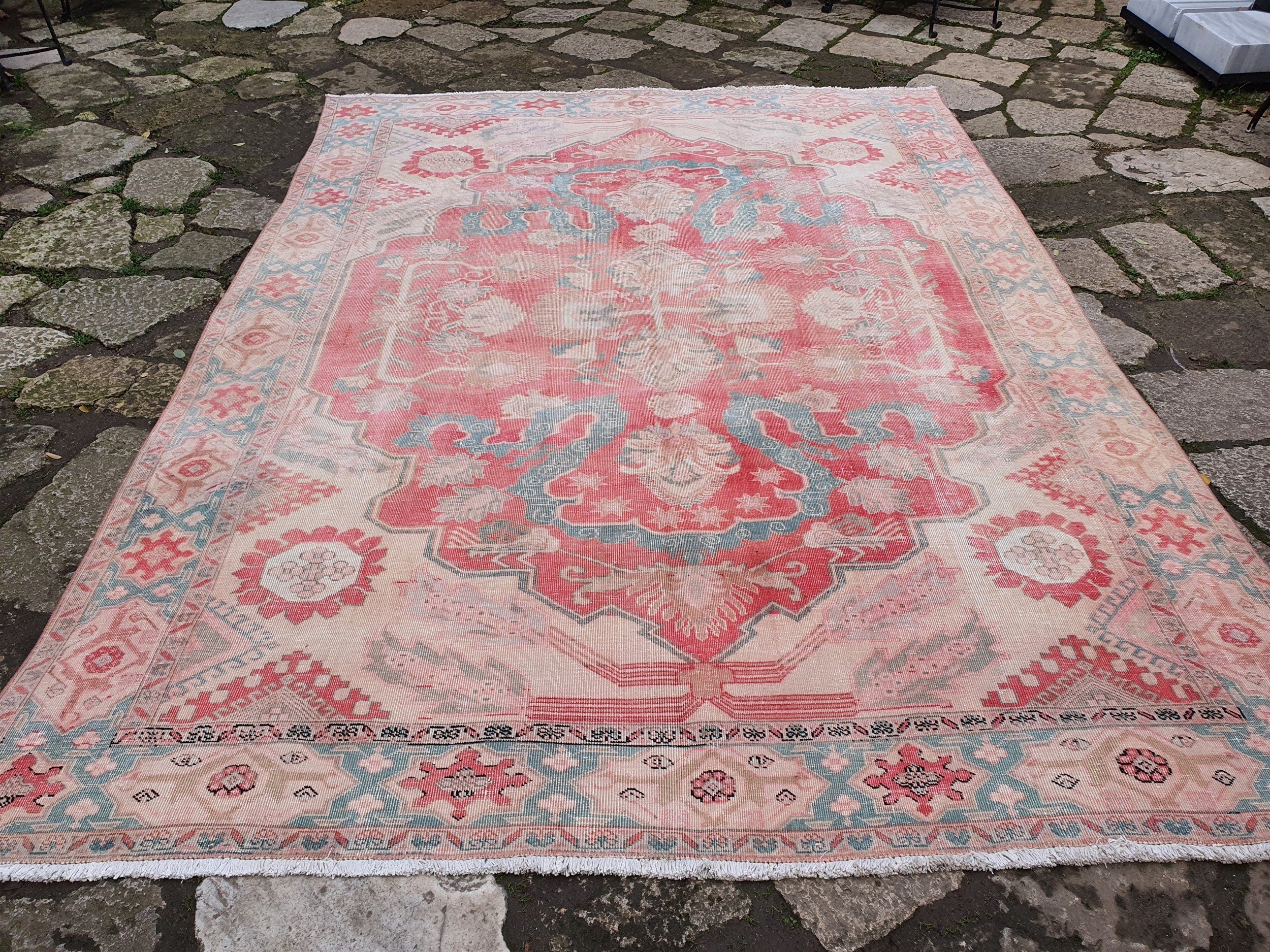 Oversized Persian Rug 11 x 7 ft, Large Pale Pink Blue White Recycled Oriental Design Vintage Rug Handmade  Wool Bohemian Moroccan Style Rug