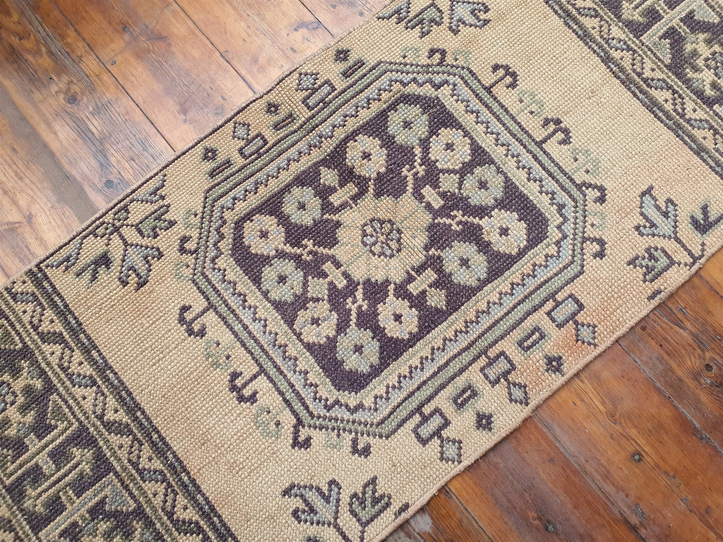 Small Turkish Rug, 4 ft 2 in x 1 ft 9 in, Apricot Orange and Teal Green Vintage Faded Distressed Door Mat