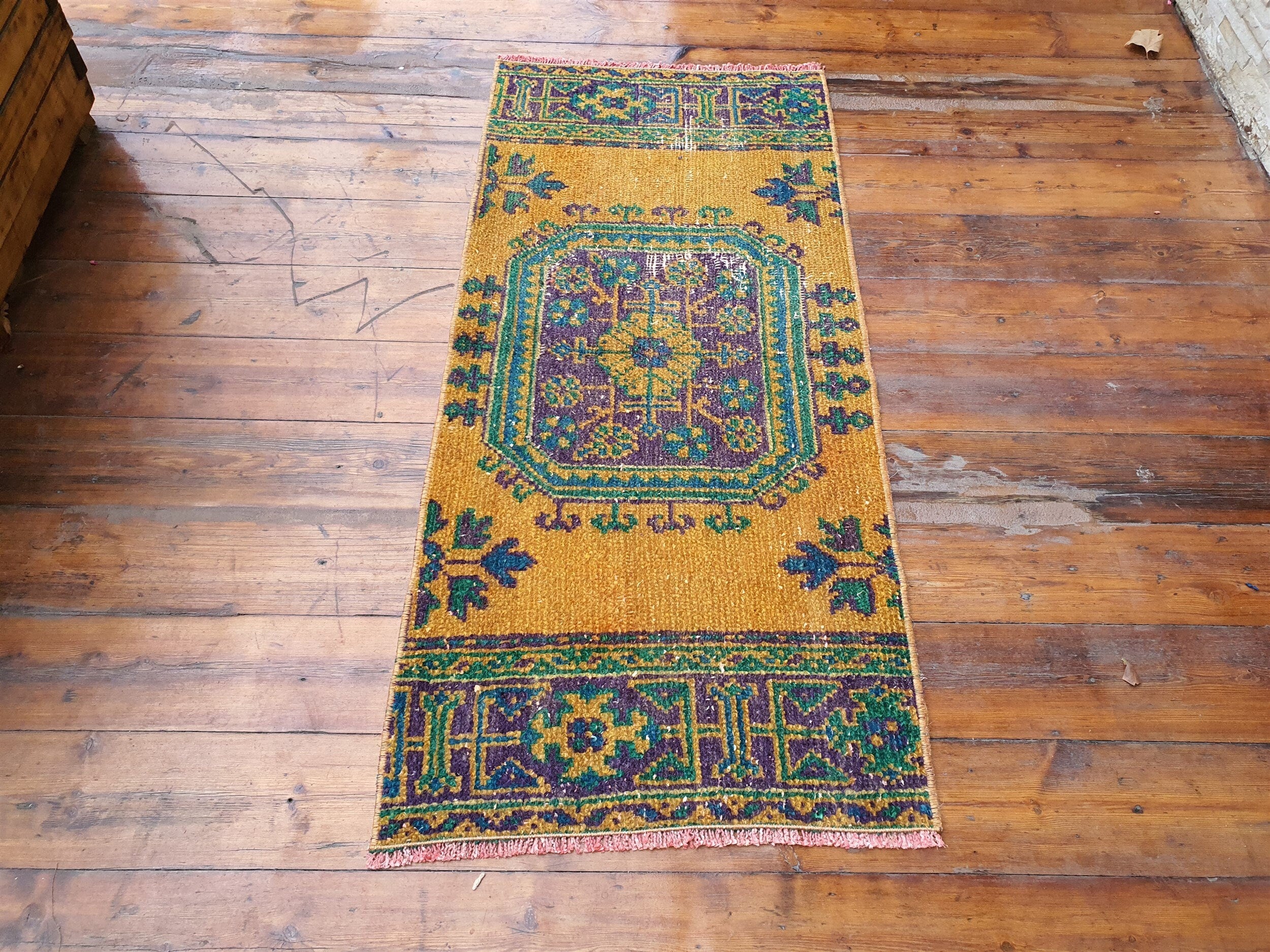 Small Turkish Rug, 4 ft 3 in x 2 ft, Apricot Orange and Teal Green Vintage Faded Distressed Door Mat