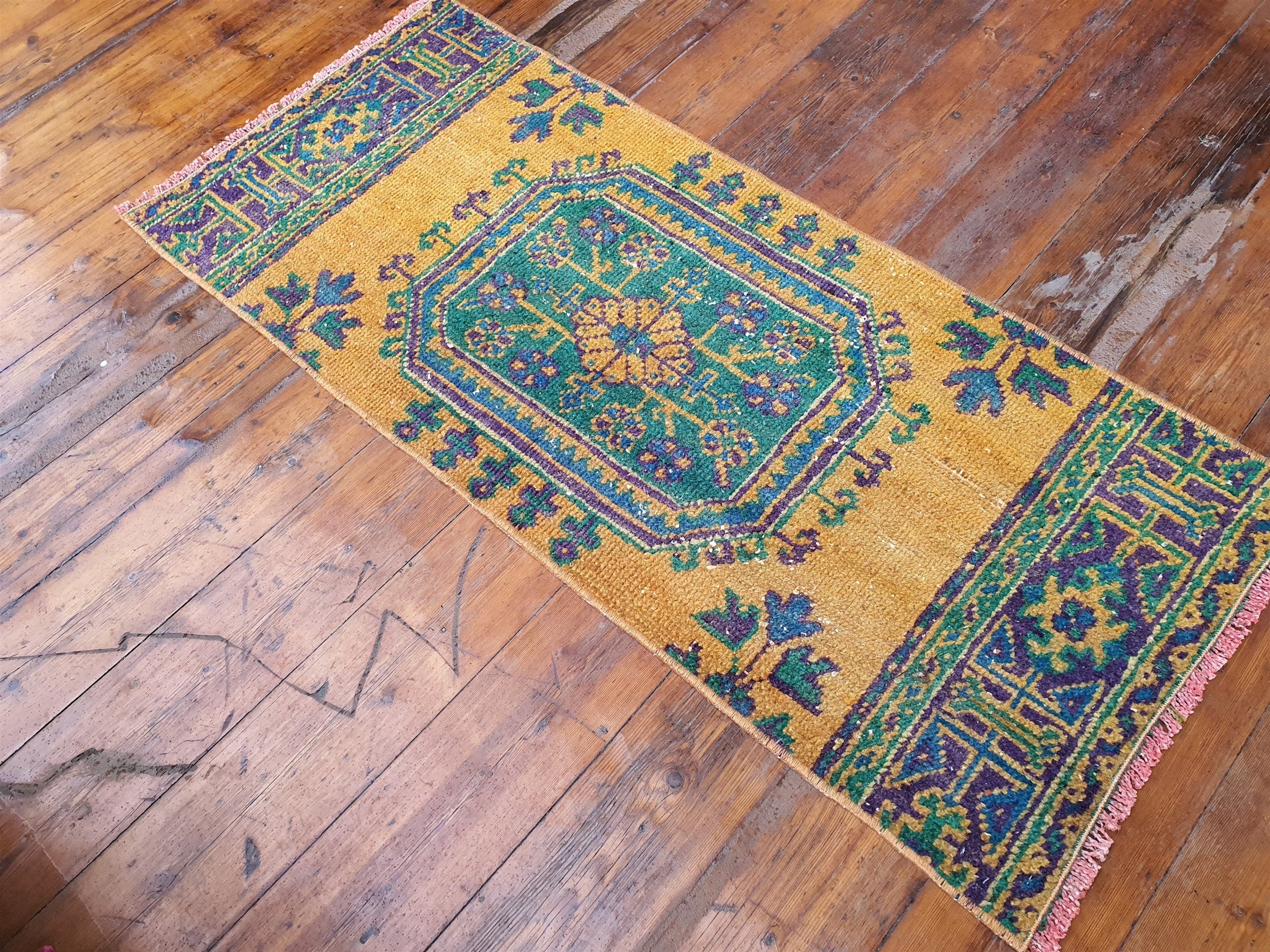Small Turkish Rug, 4 ft 3 in x 1 ft 8 in, Apricot Orange and Teal Green / Grey Vintage Faded Distressed Door Mat
