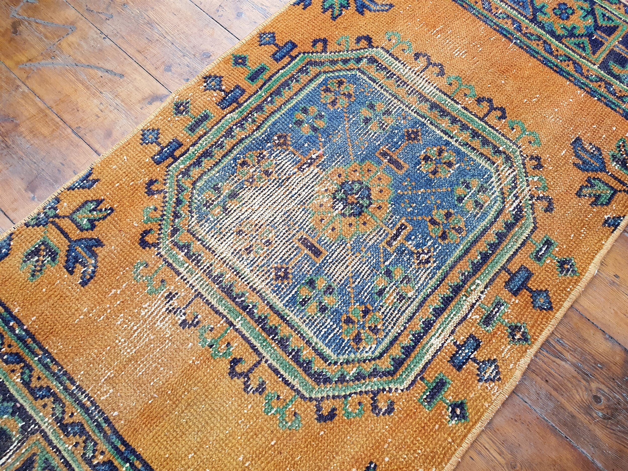 Small Turkish Rug, 4 ft 1 in x 1 ft 8 in, Apricot Orange and Teal Green / Grey Vintage Faded Distressed Door Mat