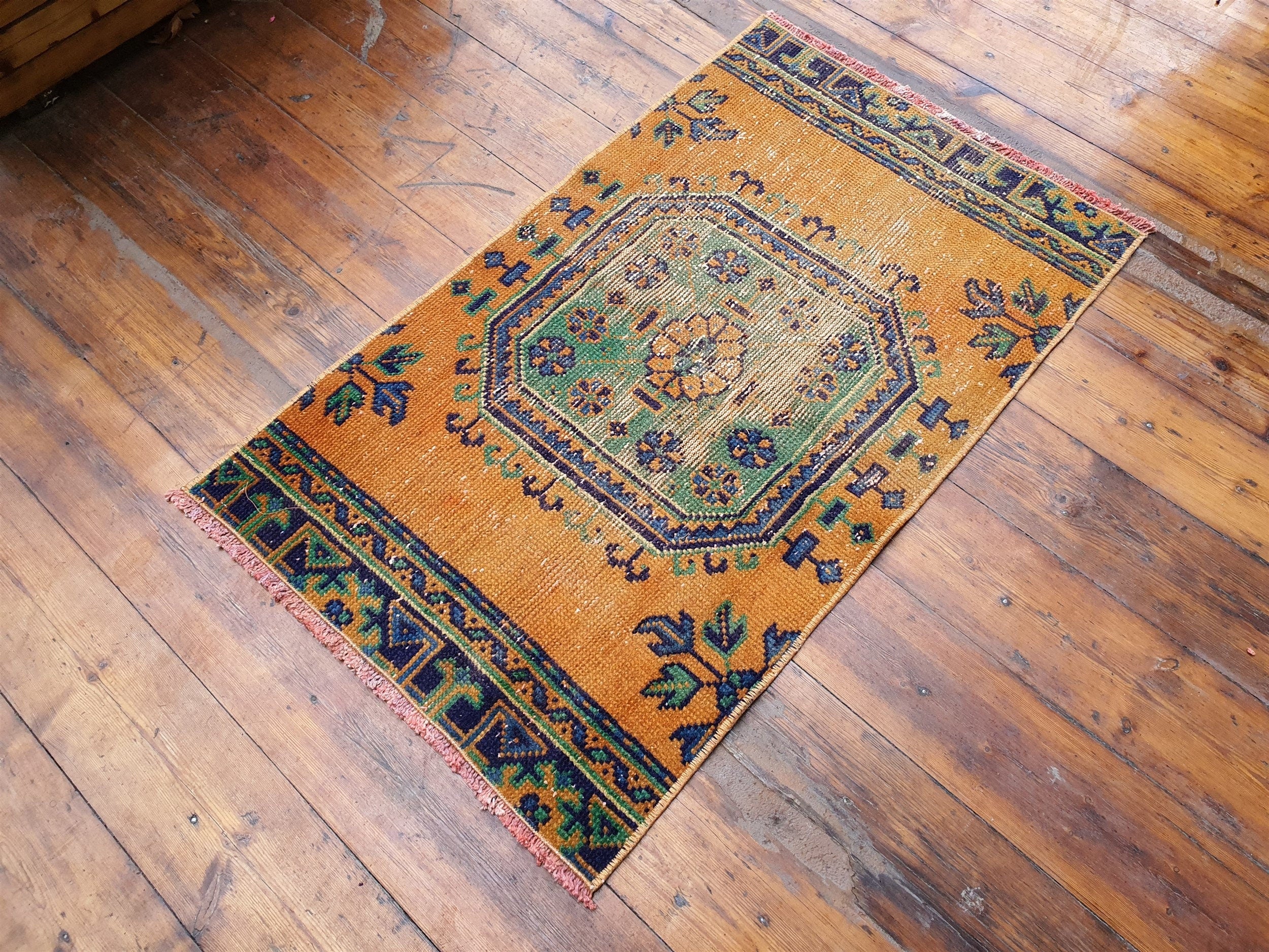 Small Turkish Rug, 3 ft 5 in x 2 ft 1 in, Apricot Orange and Teal Green / Grey Vintage Faded Distressed Door Mat