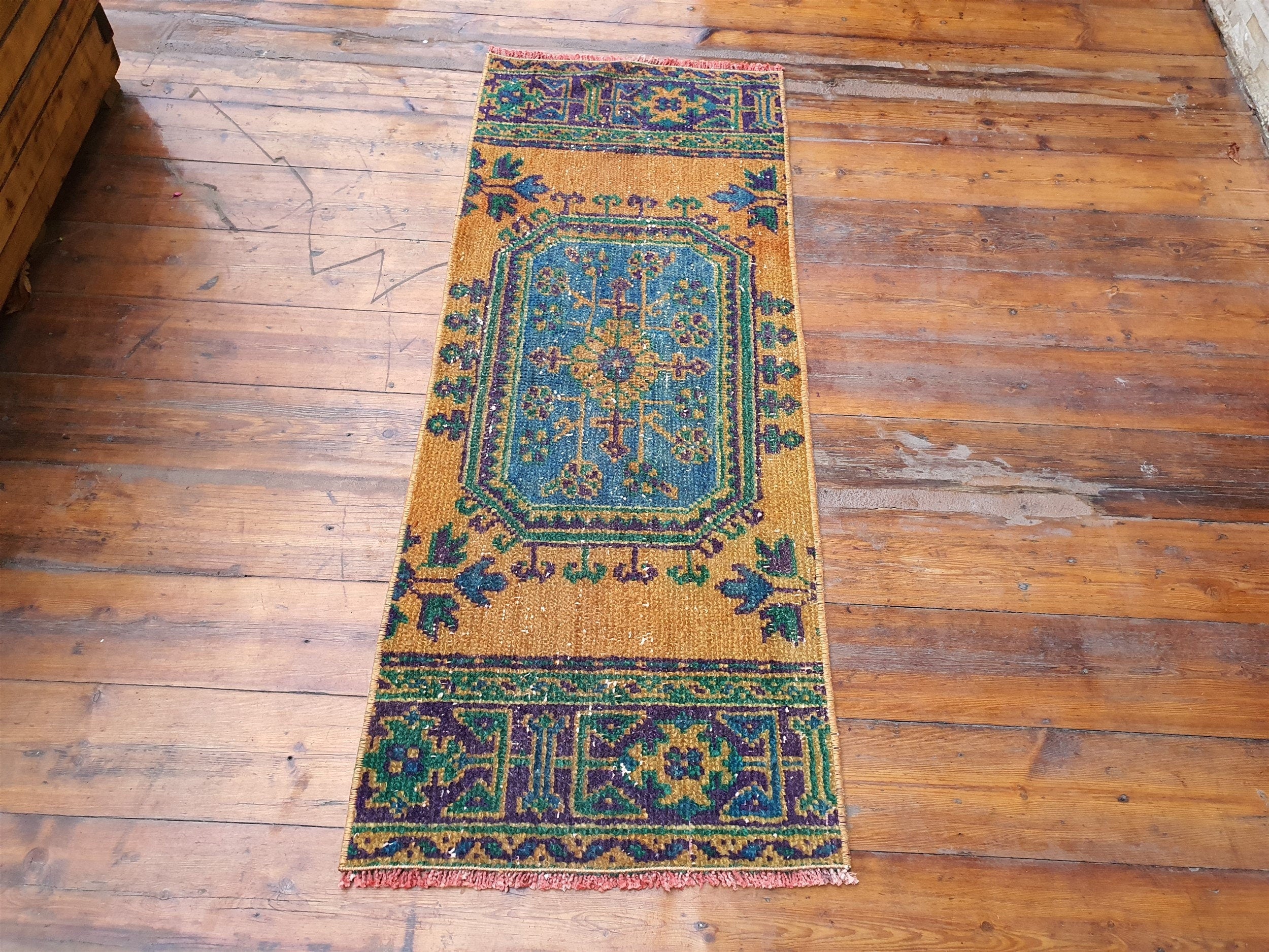Small Turkish Rug, 4 ft 4 in x 1 ft 7 in, Apricot Orange and Teal Green / Grey Vintage Faded Distressed Door Mat